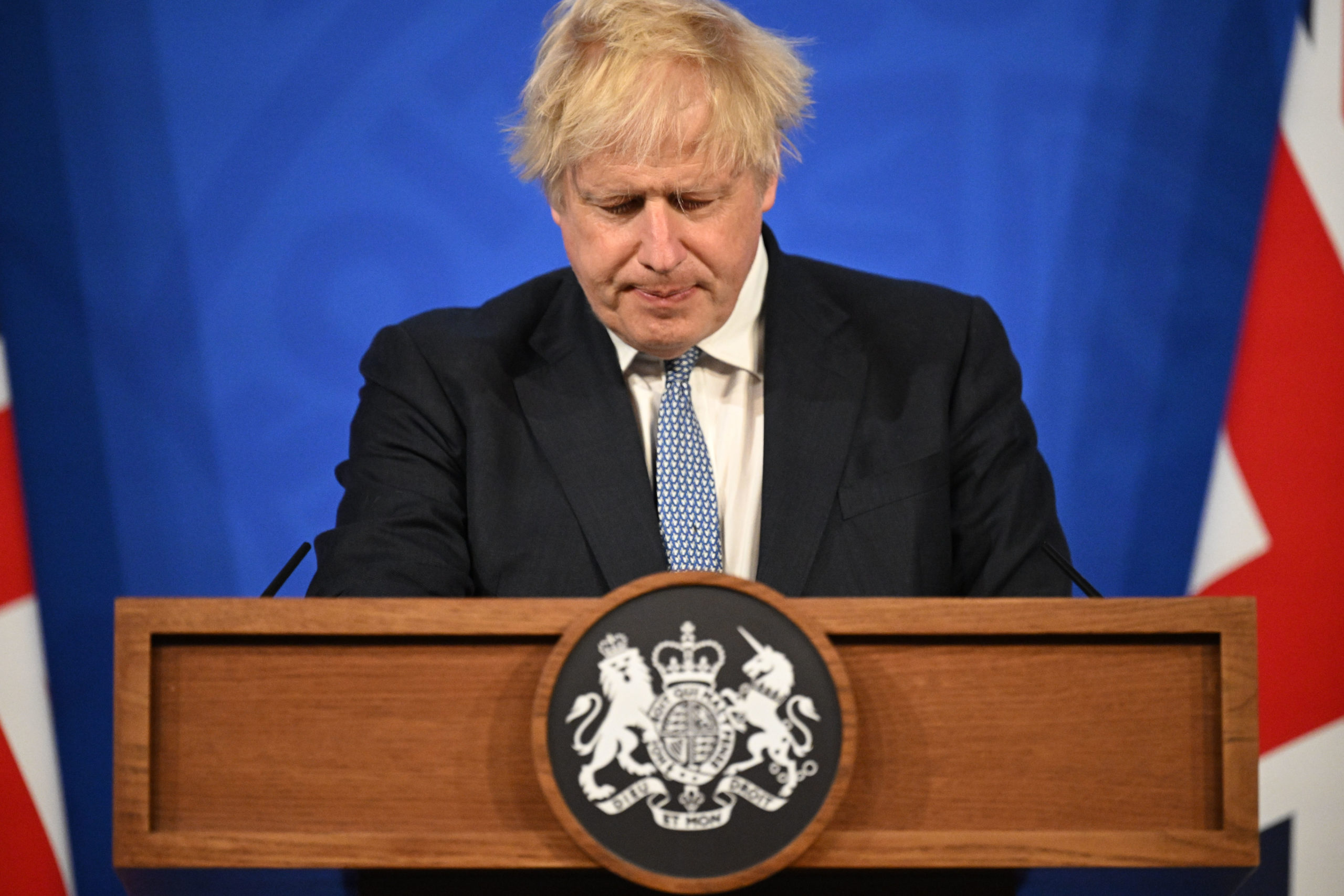 LONDON, ENGLAND - MAY 25: Prime Minister Boris Johnson holds a press conference in response to the publication of the Sue Gray report Into "Partygate" at Downing Street on May 25, 2022 in London, England. (Photo by Leon Neal - WPA Pool /Getty Images)