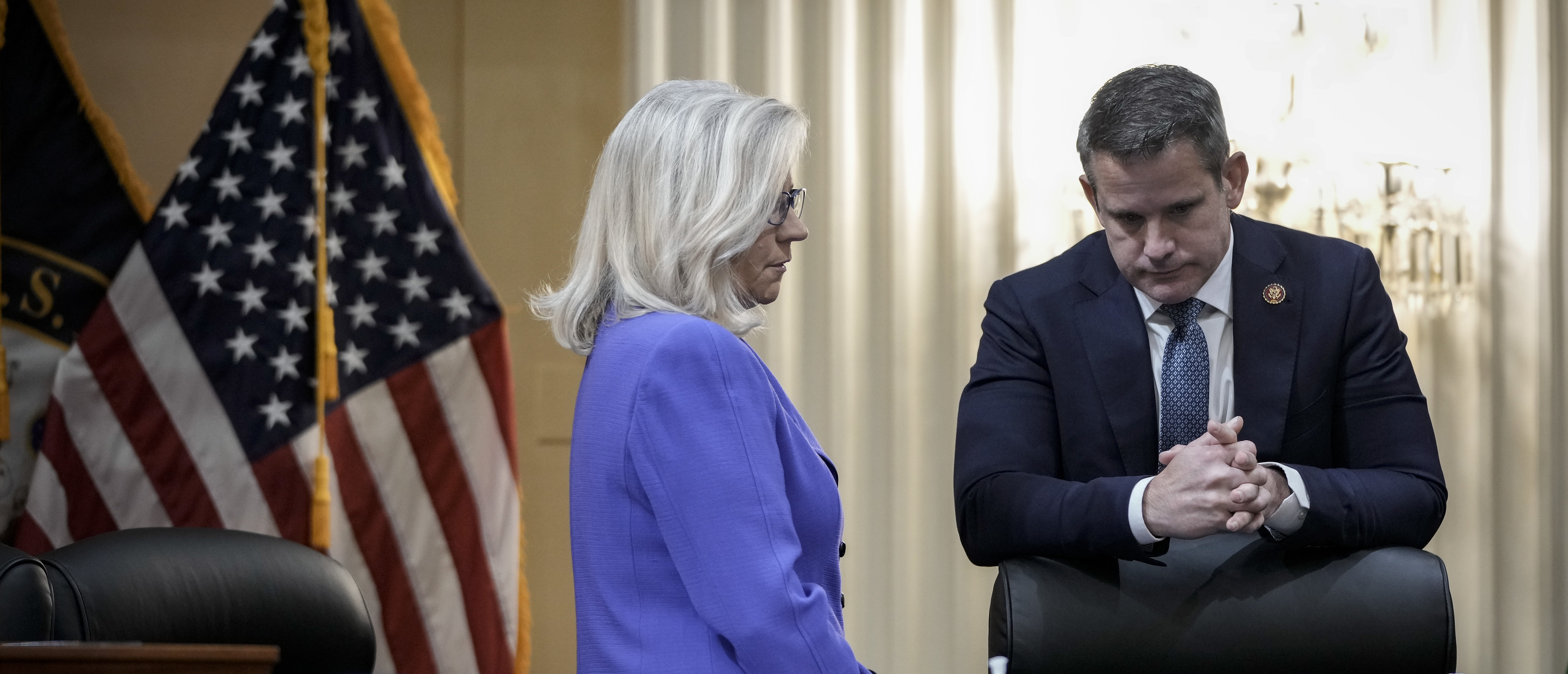 WASHINGTON, DC - JUNE 9: (L-R) Rep. Liz Cheney (R-WY) and Rep. Adam Kinzinger (R-IL) confer during a break in the hearing of the Select Committee to Investigate the January 6th Attack on the U.S. Capitol in the Cannon House Office Building on June 9, 2022 in Washington, DC. The bipartisan committee, which has been gathering evidence related to the January 6 attack at the U.S. Capitol for almost a year, will present its findings in a series of televised hearings. On January 6, 2021, supporters of President Donald Trump attacked the U.S. Capitol Building in an attempt to disrupt a congressional vote to confirm the electoral college win for Joe Biden. (Photo by Drew Angerer/Getty Images)