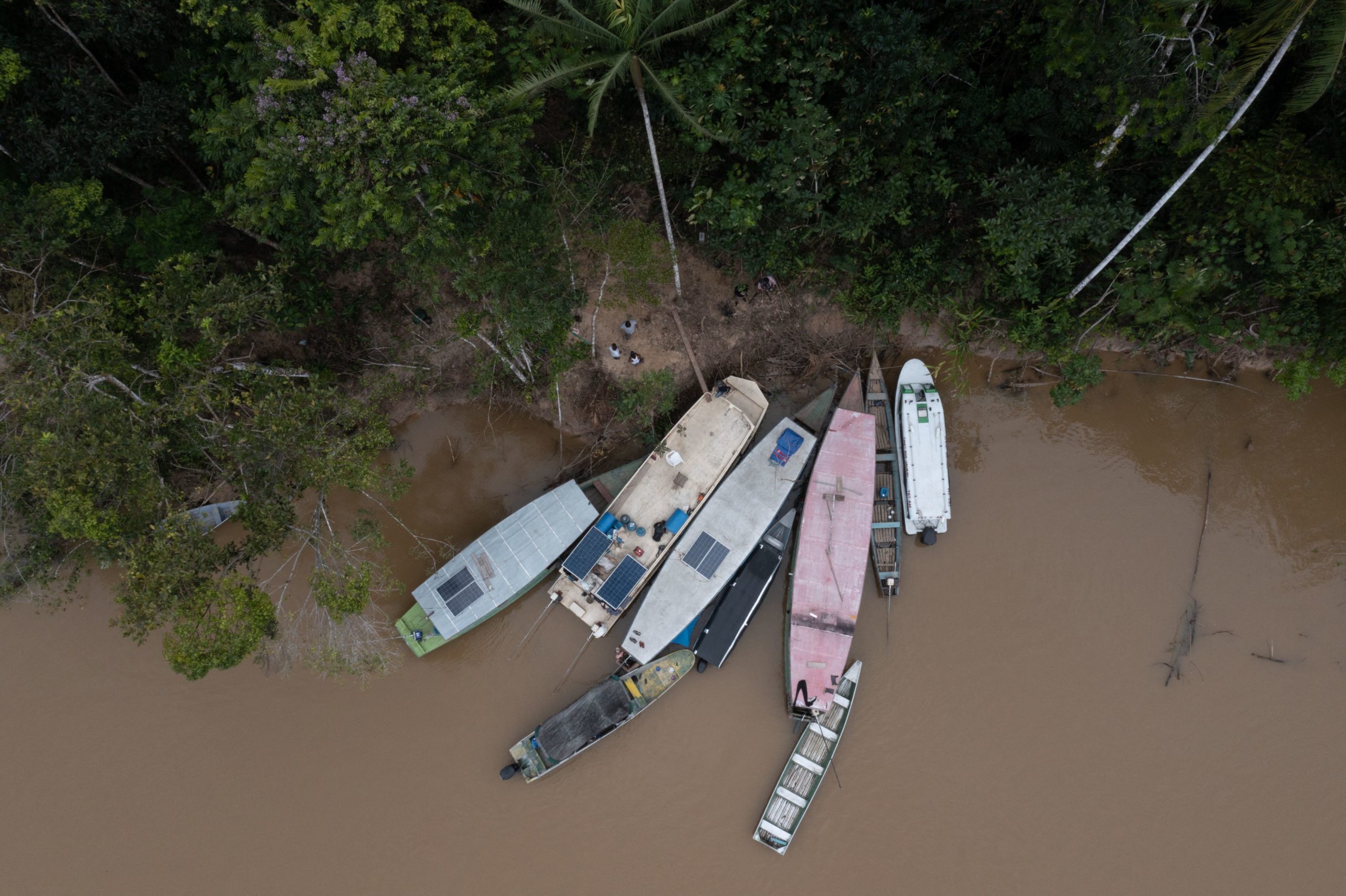 Aerial view showing indigenous members of the Union of Indigenous Peoples of the Javari Valley (UNIVAJA) who are looking for clues that lead to the whereabouts of veteran correspondent Dom Phillips and respected indigenous specialist Bruno Pereira, gathering on the banks of the Itaguaí river in Vale do Javari, municipality of Atalaia do Norte, state of Amazonas, Brazil, on June 13, 2022. - Human remains have been found in the search for the British journalist and Brazilian indigenous expert who disappeared a week ago Sunday deep in the Amazon after receiving threats, Brazil's president confirmed on June 13. (Photo by Joao LAET / AFP via Getty Images)