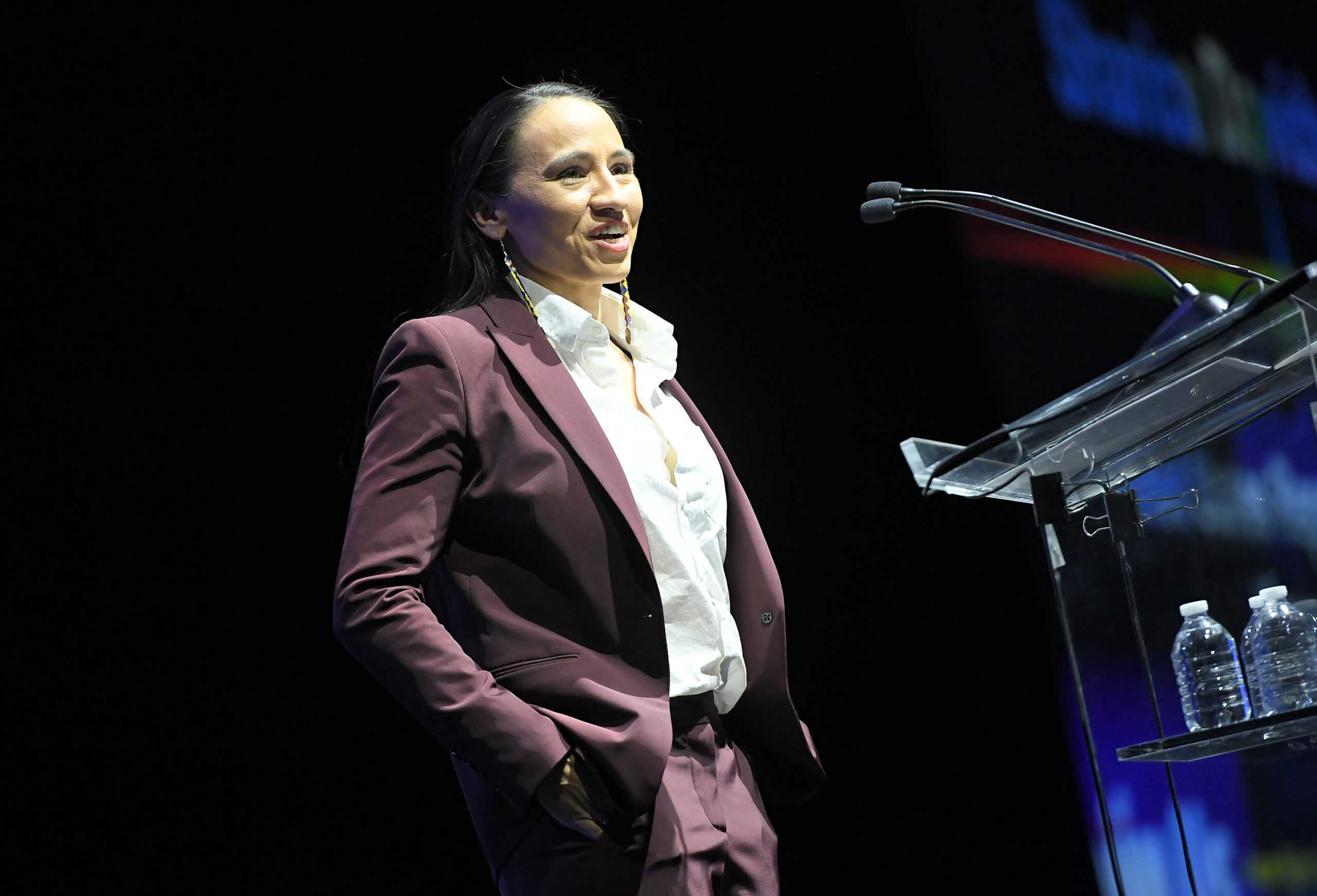LOS ANGELES, CALIFORNIA - MARCH 12: Rep. Sharice Davids speaks onstage as Human Rights Campaign hosts the 2022 Los Angeles Dinner at JW Marriott on March 12, 2022 in Los Angeles, California. (Photo by Charley Gallay/Getty Images)