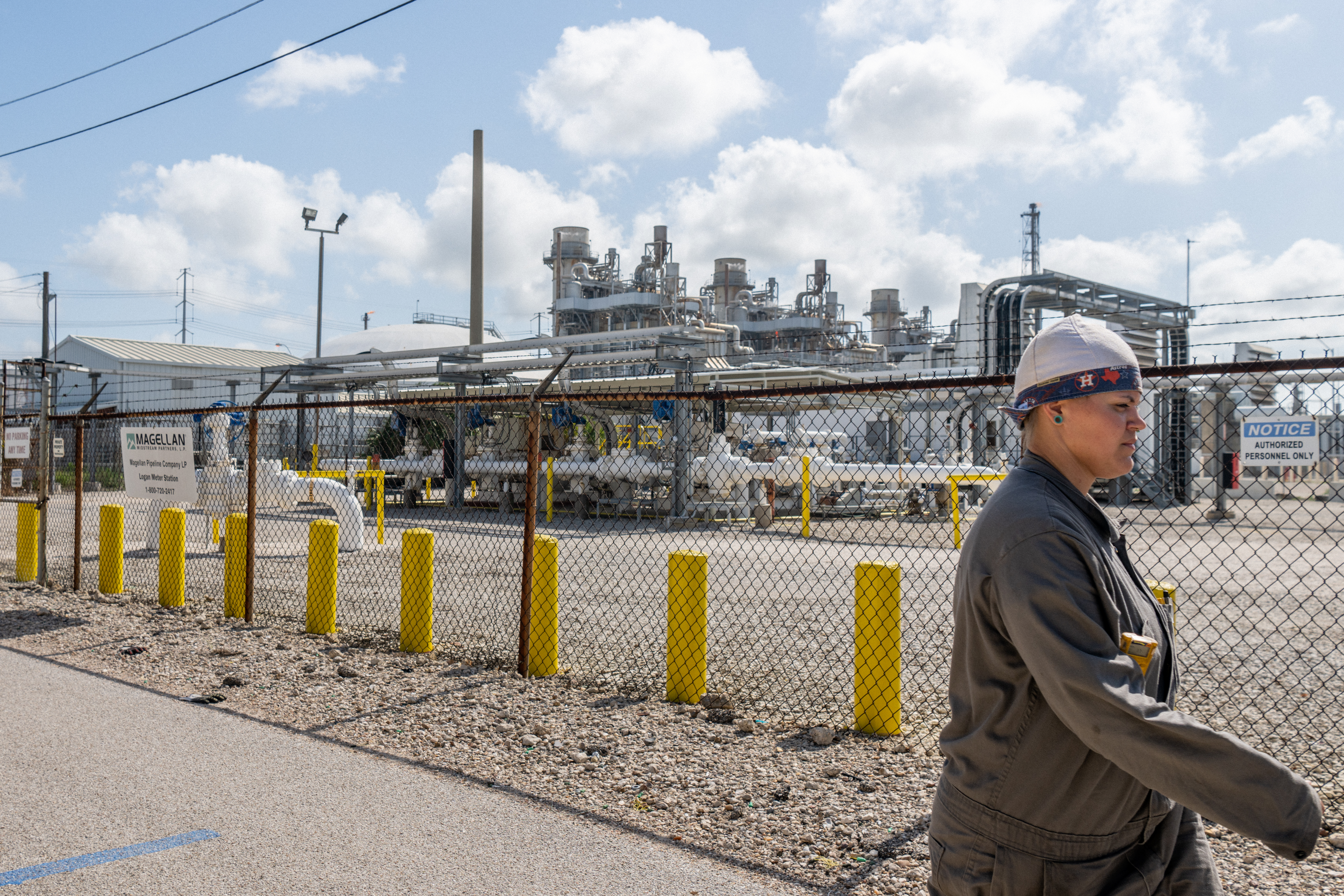 A worker exits the Marathon Galveston Bay Refinery on May 10 in Texas City, Texas. (Brandon Bell/Getty Images)