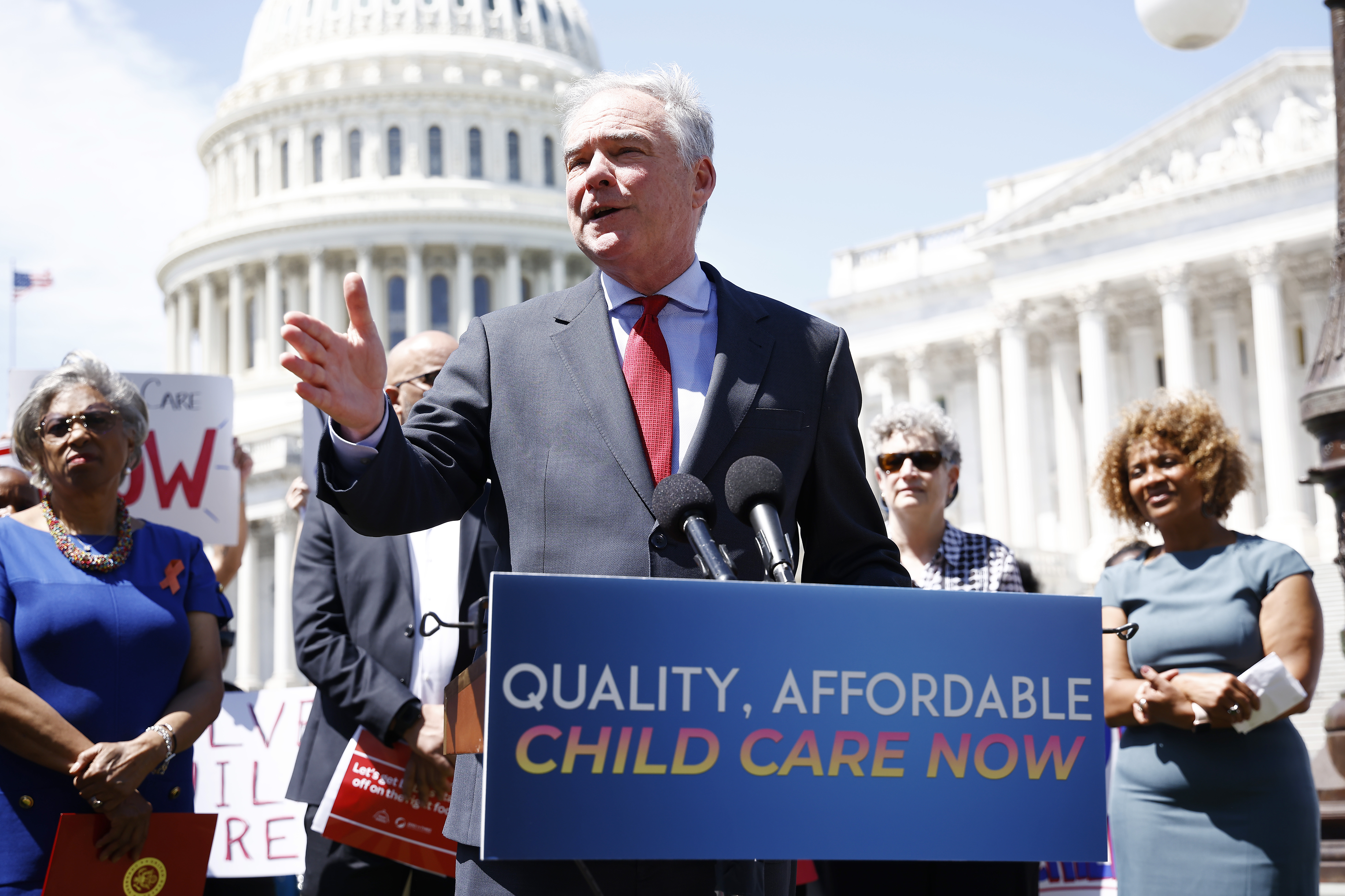WASHINGTON, DC - JUNE 09: Sen. Tim Kaine (D-VA) joins members of Congress and advocates to push for child care in budget reconciliation outside of the U.S. Capitol Building on June 09, 2022 in Washington, DC. (Photo by Paul Morigi/Getty Images for Care Can't Wait)