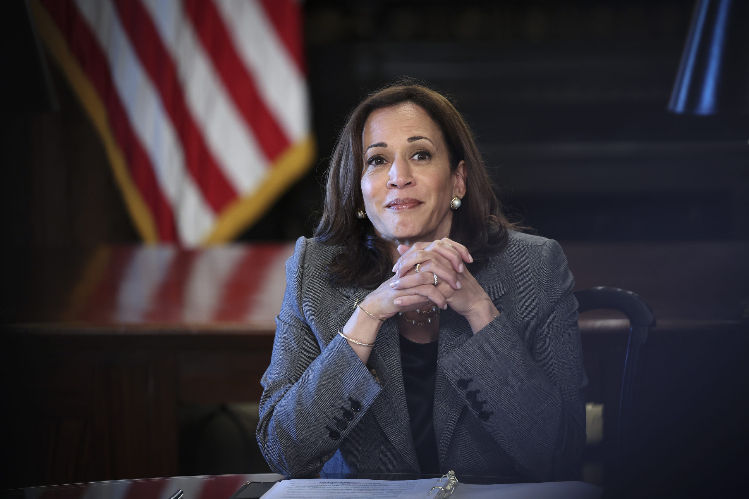 U.S. Vice President Kamala Harris delivers remarks during a meeting with legal experts on the pending Supreme Court decision impacting the Roe vs. Wade case at the White House complex on June 14, 2022 in Washington, DC. (Photo by Win McNamee/Getty Images)