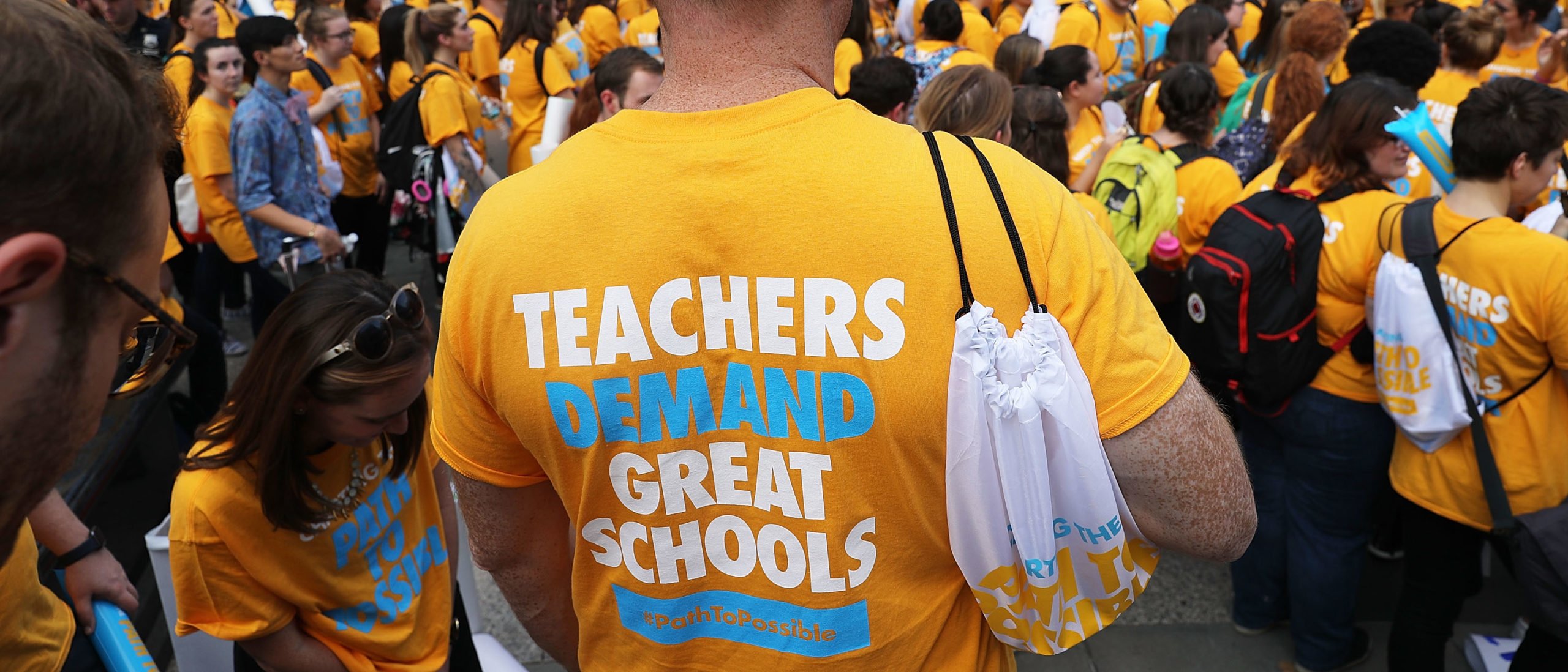 Thousands of city teachers rally in Foley Square on Wednesday afternoon to demand that New York City Mayor Bill de Blasio take action on charter school growth on October 19, 2016 in New York City. The teachers want the mayor to approve the opening of new charter schools, which members of the teacher's union are against. The protesters want to see the doubling of the number of students served by charters to 200,000, which would be 20 percent of the city's public school enrollment. (Photo by Spencer Platt/Getty Images)