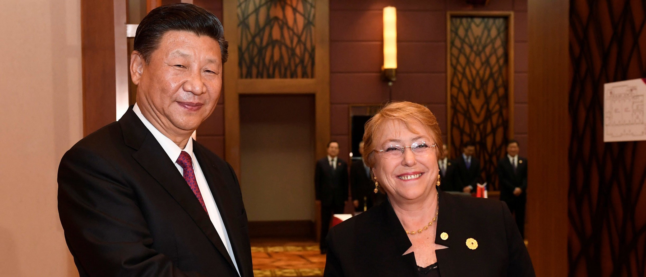 Michelle Bachelet and Xi Jinping in 2017. (Alex Ibanez/Courtesy of Chilean Presidency/Handout via Reuters)