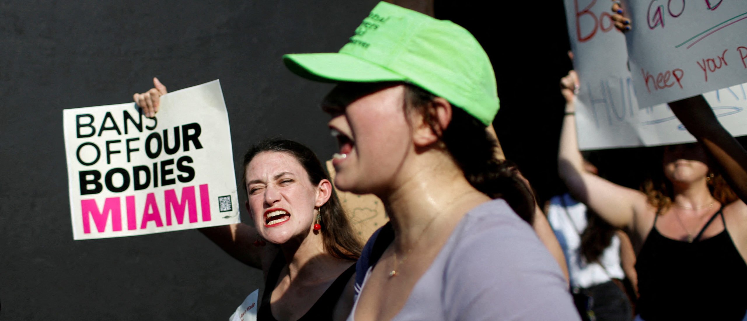 An abortion rights protester holds a sign as she demonstrates after the U.S. Supreme Court ruled in the Dobbs v Womens Health Organization abortion case, overturning the landmark Roe v Wade abortion decision in Miami, Florida, U.S. June 24, 2022.