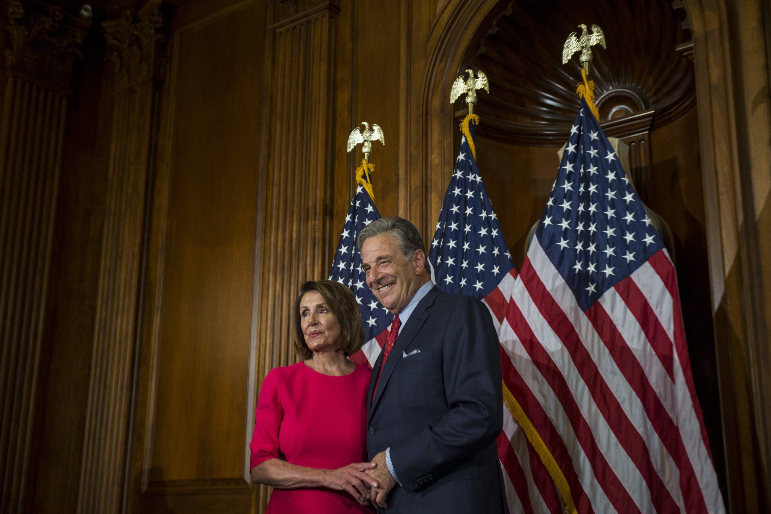 WASHINGTON, DC - JANUARY 03: House Speaker Nancy Pelosi is pictured with her husband, Paul Pelosi, on Capitol Hill on January 3, 2019 in Washington, DC. Under the cloud of a partial federal government shutdown, Pelosi reclaimed her former title as speaker and her fellow Democrats took control of the House of Representatives for the second time in eight years. (Photo by Zach Gibson/Getty Images)