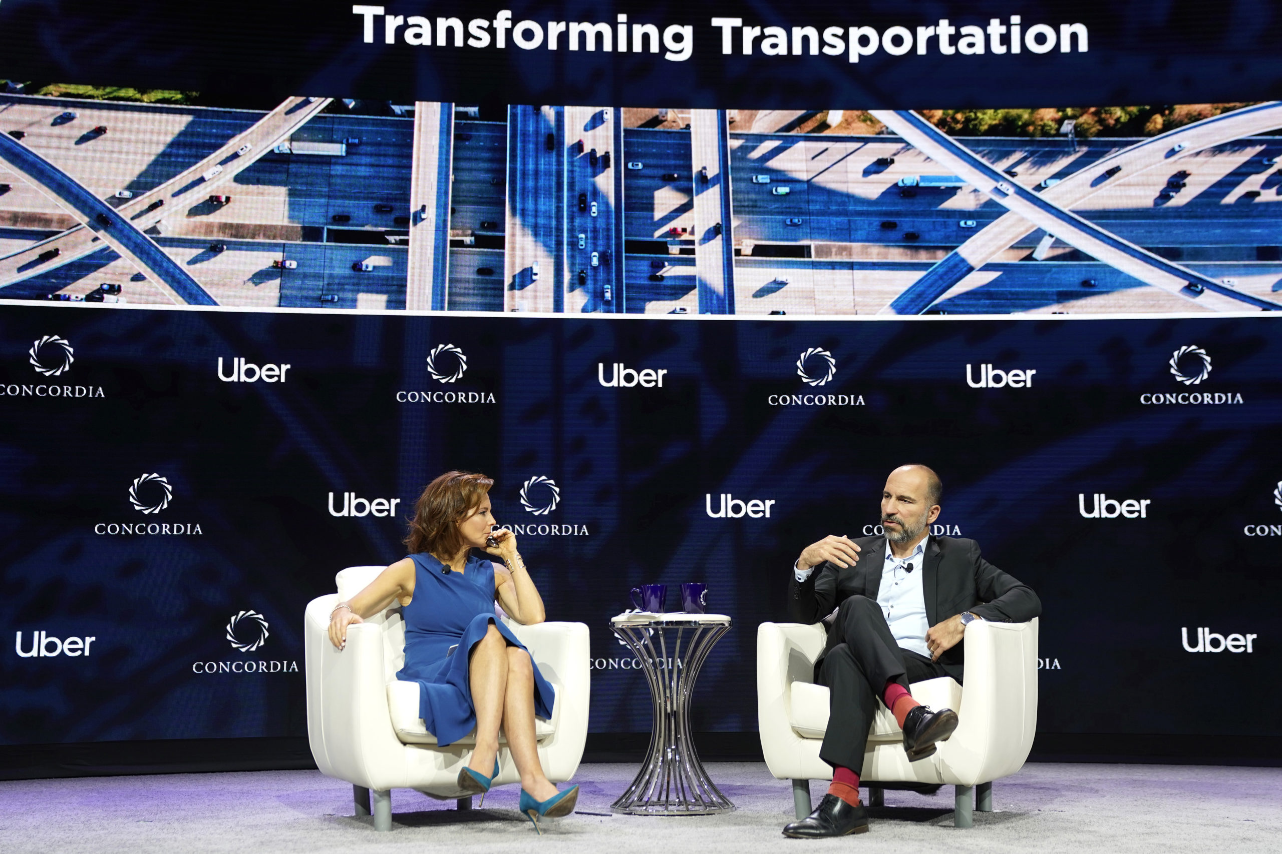 NEW YORK, NEW YORK - SEPTEMBER 24: (L-R) Stephanie Ruhle, Anchor, MSNBC, and Dara Khosrowshahi, CEO, UBER, speak onstage during the 2019 Concordia Annual Summit - Day 2 at Grand Hyatt New York on September 24, 2019 in New York City. (Photo by Riccardo Savi/Getty Images for Concordia Summit)