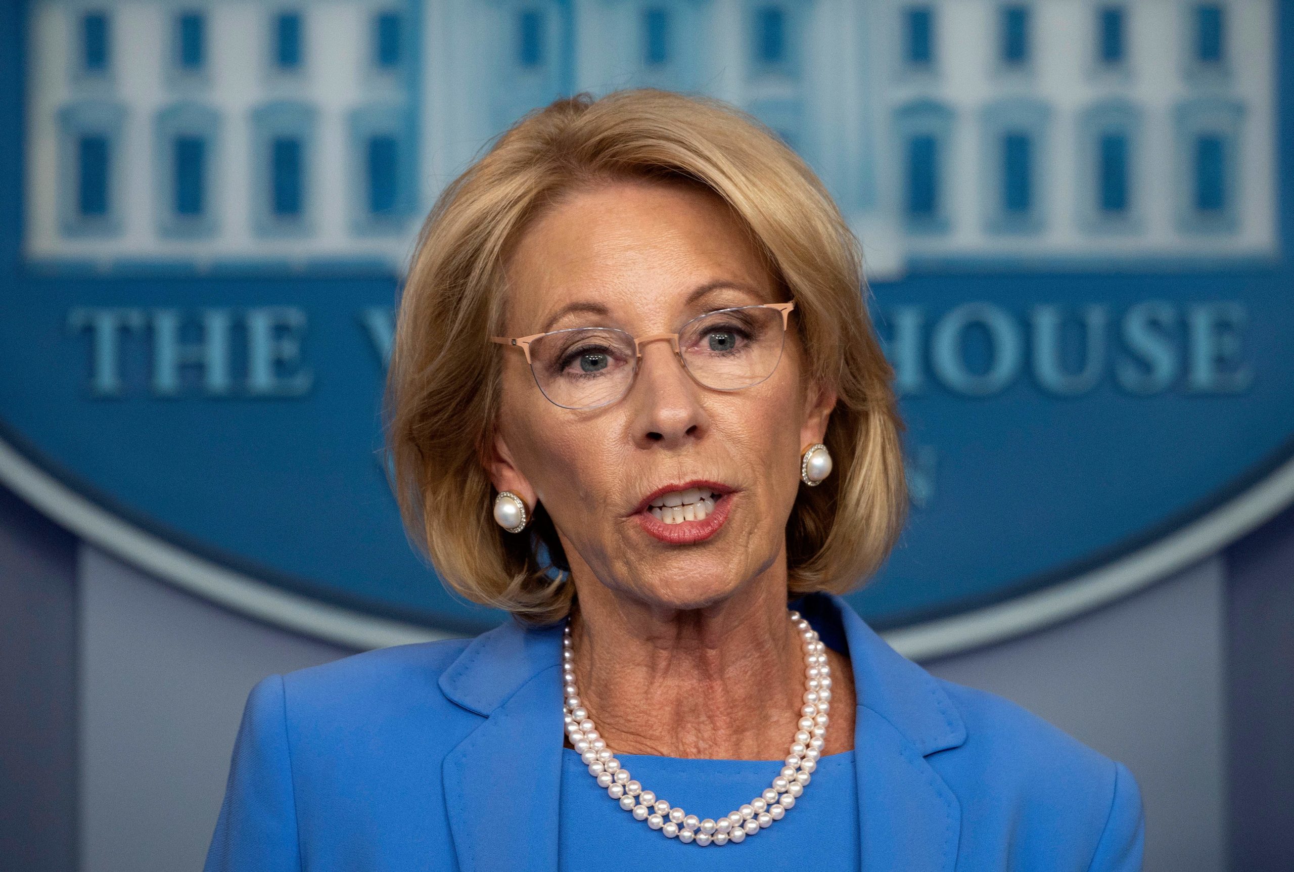 US Secretary of Education Betsy Devos speaks during the daily briefing on the novel coronavirus, COVID-19, in the Brady Briefing Room at the White House on March 27, 2020, in Washington, DC. (Photo by JIM WATSON / AFP) (Photo by JIM WATSON/AFP via Getty Images)