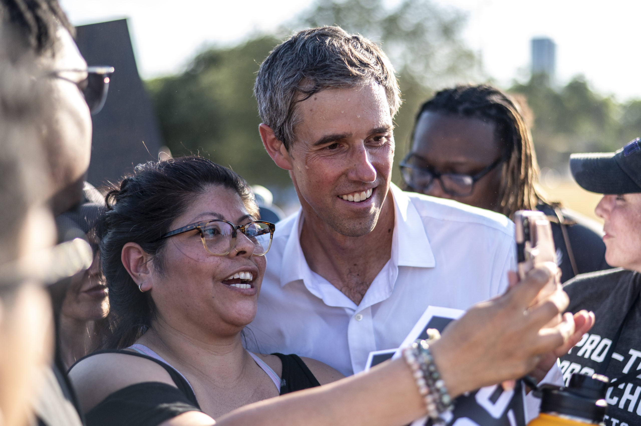 AUSTIN, TX - JUNE 26: Democratic gubernatorial candidate Beto O'Rourke takes a photo with a supporter after a speech at Pan American Neighborhood Park on June 26, 2022 in Austin, Texas. O'Rourke held the event after public backlash to the overturning of Roe V Wade which led to a trigger ban on all abortions in the state of Texas with no exceptions for rape or incest. (Photo by Sergio Flores/Getty Images)