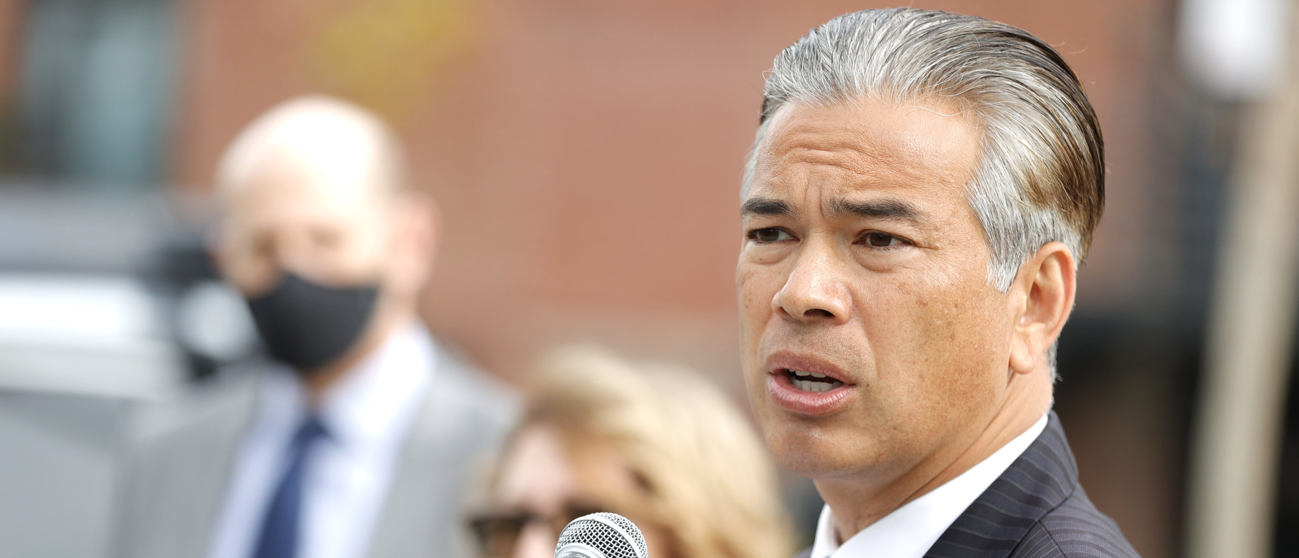 SAN FRANCISCO, CALIFORNIA - NOVEMBER 15: California Attorney General Rob Bonta speaks during a news conference outside of an Amazon distribution facility on November 15, 2021 in San Francisco, California. (Photo by Justin Sullivan/Getty Images)