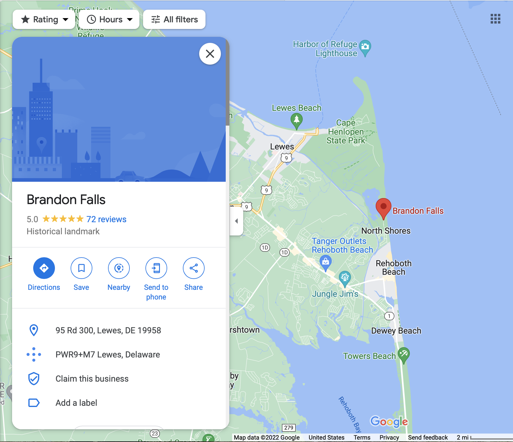 Screenshot taken of Google Maps search results for "Brandon Falls" on June 19 at 8:35am. 