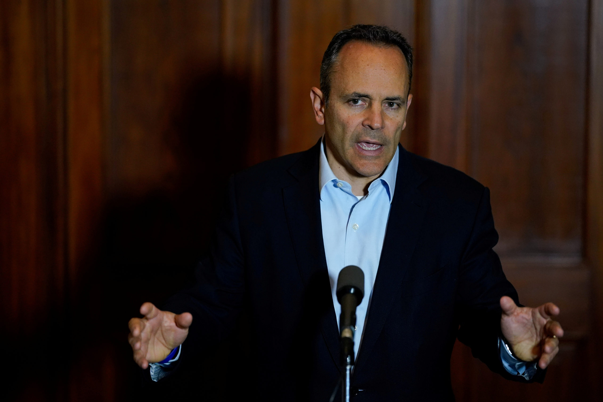 Kentucky Governor Matt Bevin concedes the gubernatorial election, acknowledging that the recanvass of votes will not offer him a path to victory during a press conference at the Capitol Building in Frankfort, Kentucky, U.S., November 14, 2019. REUTERS/Bryan Woolston
