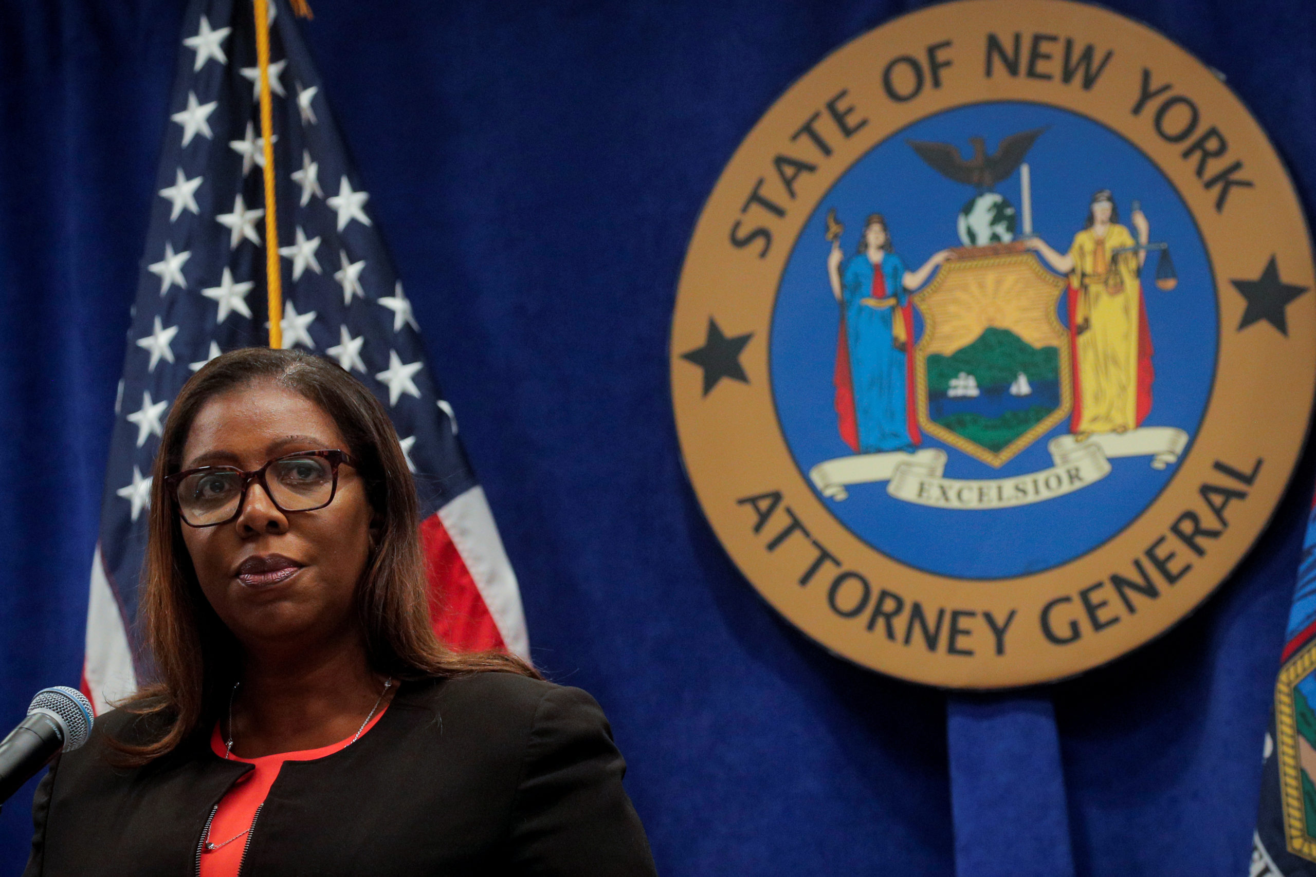 New York State Attorney General, Letitia James, speaks during a news conference, to announce a suit to dissolve the National Rifle Association, In New York, U.S., August 6, 2020. REUTERS/Brendan McDermid