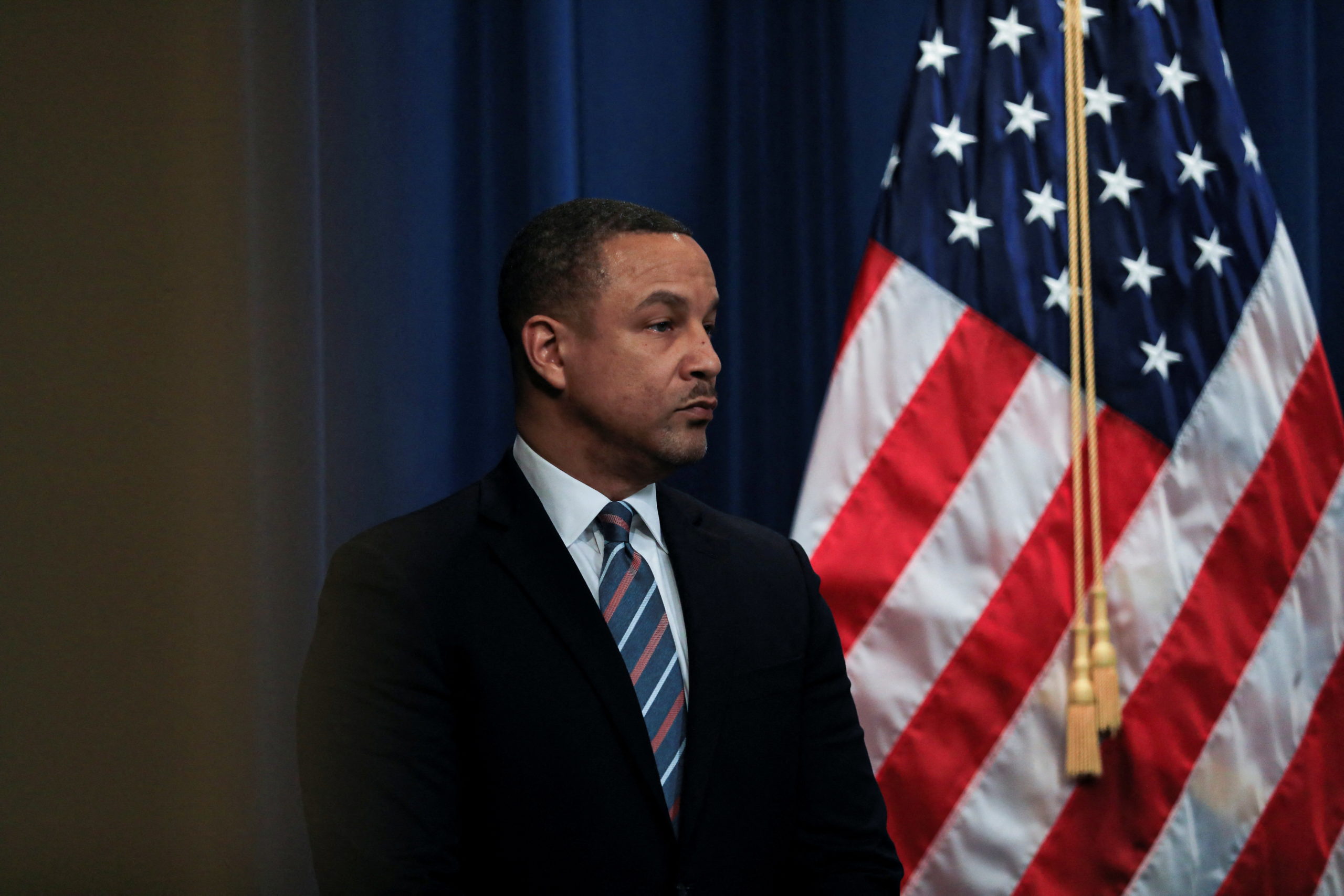 U.S. Attorney for the Eastern District of New York Breon Peace attends a news conference addressing accusations against China of trying to harass and undermine an American critic of China who is currently running for the U.S. Congress, at the Justice Department in Washington, U.S., March 16, 2022. REUTERS/Emily Elconin