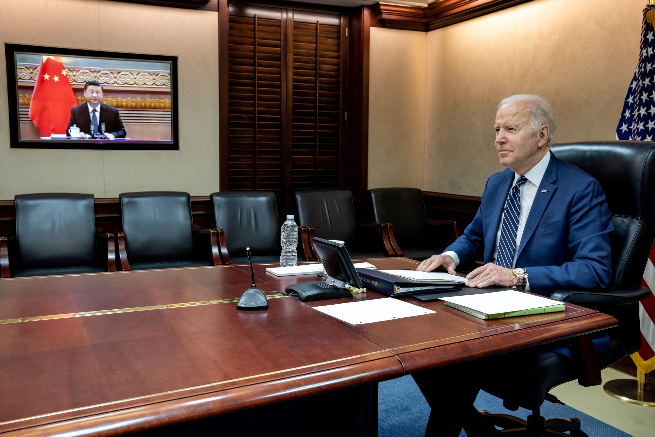 U.S. President Joe Biden holds virtual talks with Chinese President Xi Jinping from the Situation Room at the White House in Washington, U.S., March 18, 2022. The White House/Handout via REUTERS. THIS IMAGE HAS BEEN SUPPLIED BY A THIRD PARTY. TPX IMAGES OF THE DAY