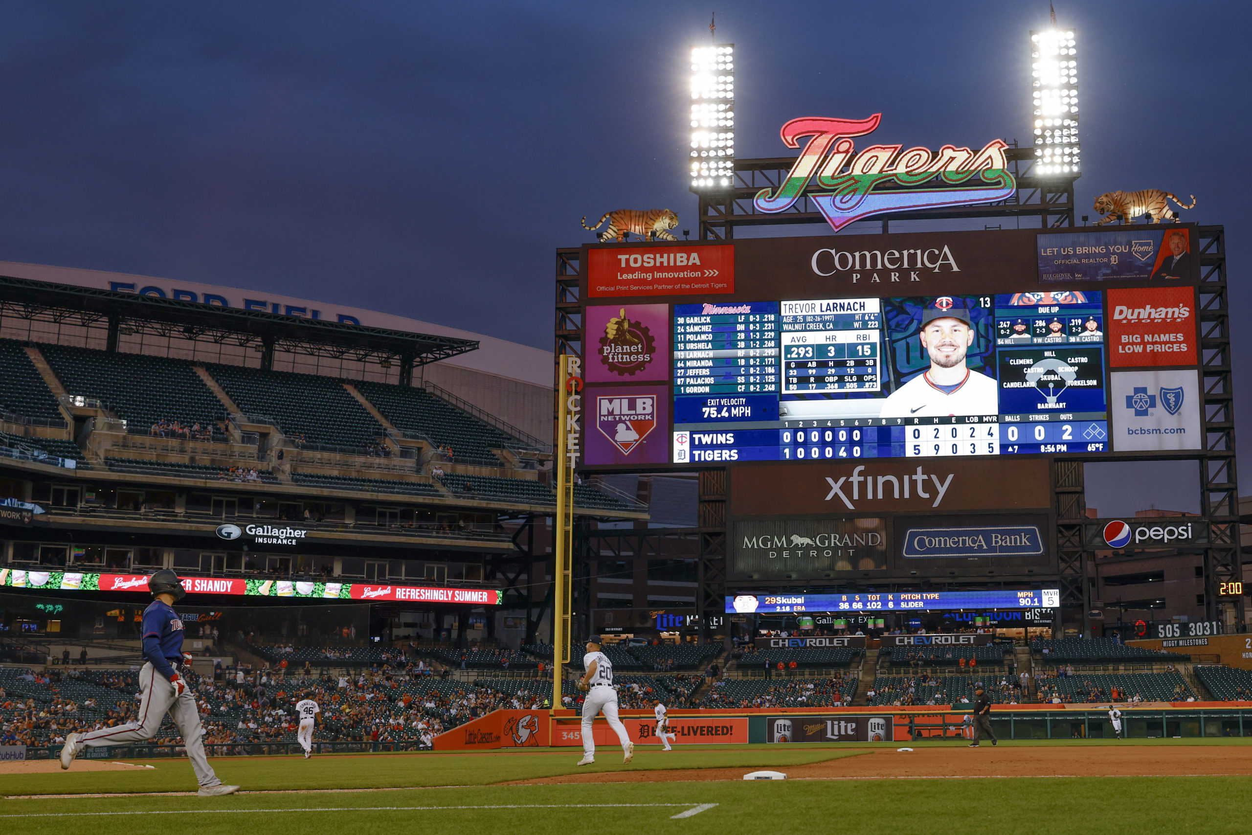 Jun 1, 2022; Detroit, Michigan, USA; The scoreboard displays the Tigers logo in rainbow colors for pride month during the game between the Detroit Tigers and the Minnesota Twins at Comerica Park. Rick Osentoski-USA TODAY Sports