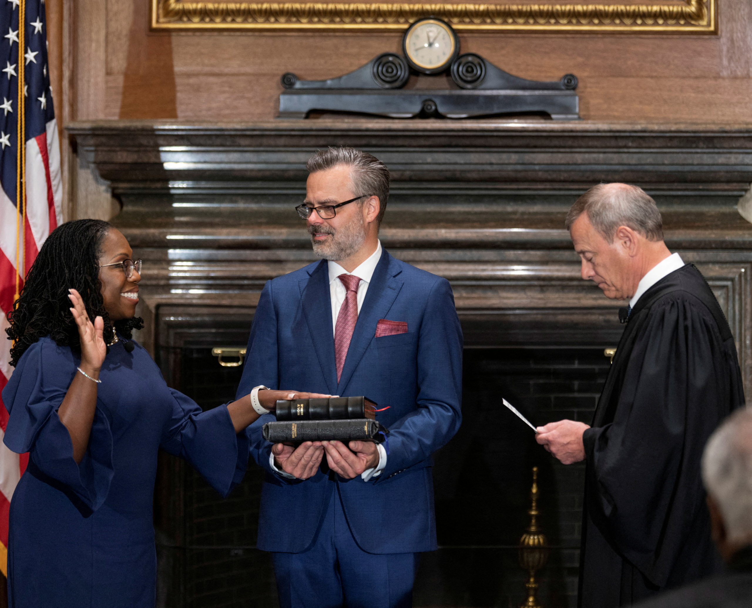Judge Ketanji Brown Jackson takes her constitutional oath of office as an Associate Justice of the U.S. Supreme Court administered by Chief Justice John Roberts as Jackson’s husband Patrick Jackson holds the Bible in a handout image provided by the U.S. Supreme Court from ceremonies held at the Supreme Court building in Washington, U.S., June 30, 2022. Fred Schilling/Collection of the Supreme Court of the United States/Handout via Reuters