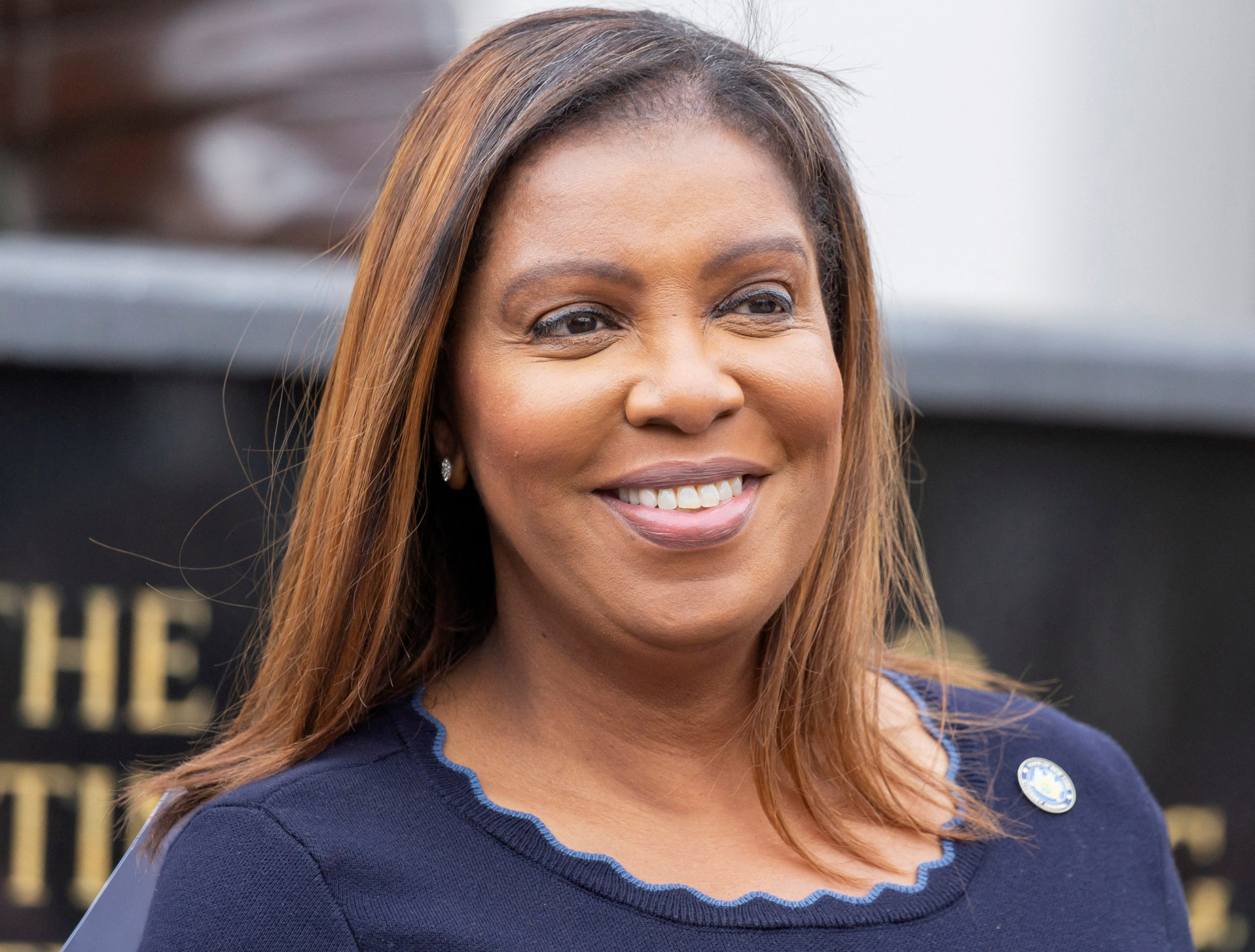 FILE PHOTO: New York State Attorney General Letitia James smiles after receiving endorsements from Westchester County leaders for her bid for New York governor in White Plains, New York, U.S., December 2, 2021. REUTERS/Joy Malone/File Photo