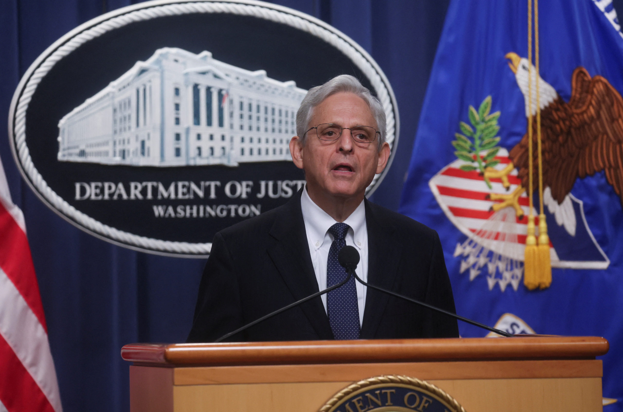 U.S. Attorney General Merrick Garland speaks about the FBI's search warrant served at former President Donald Trump's Mar-a-Lago estate in Florida during a statement at the U.S. Justice Department in Washington, U.S., August 11, 2022. REUTERS/Leah Millis