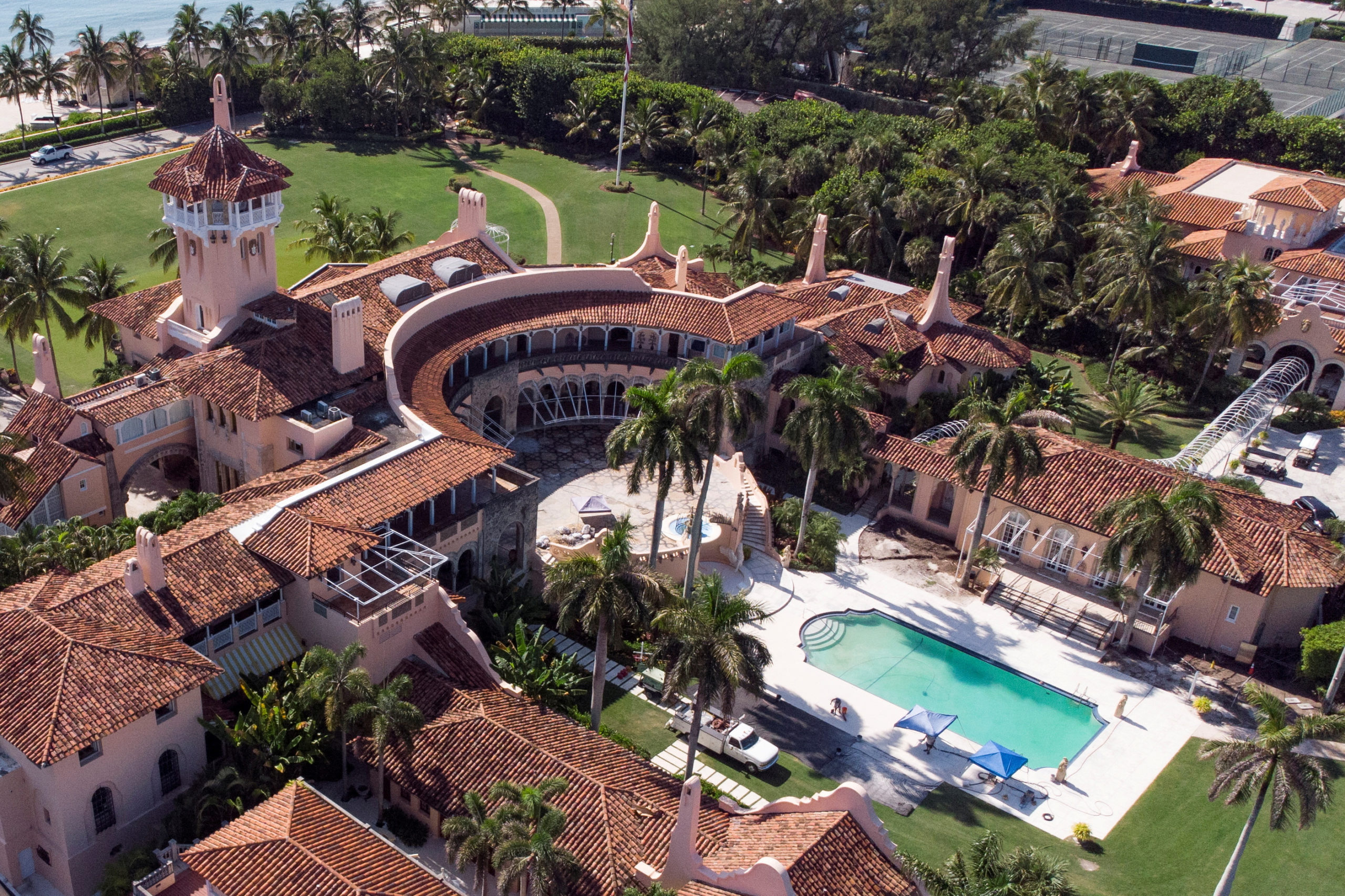 An aerial view of former U.S. President Donald Trump's Mar-a-Lago home after Trump said that FBI agents searched it, in Palm Beach, Florida, U.S. August 15, 2022. REUTERS/Marco Bello
