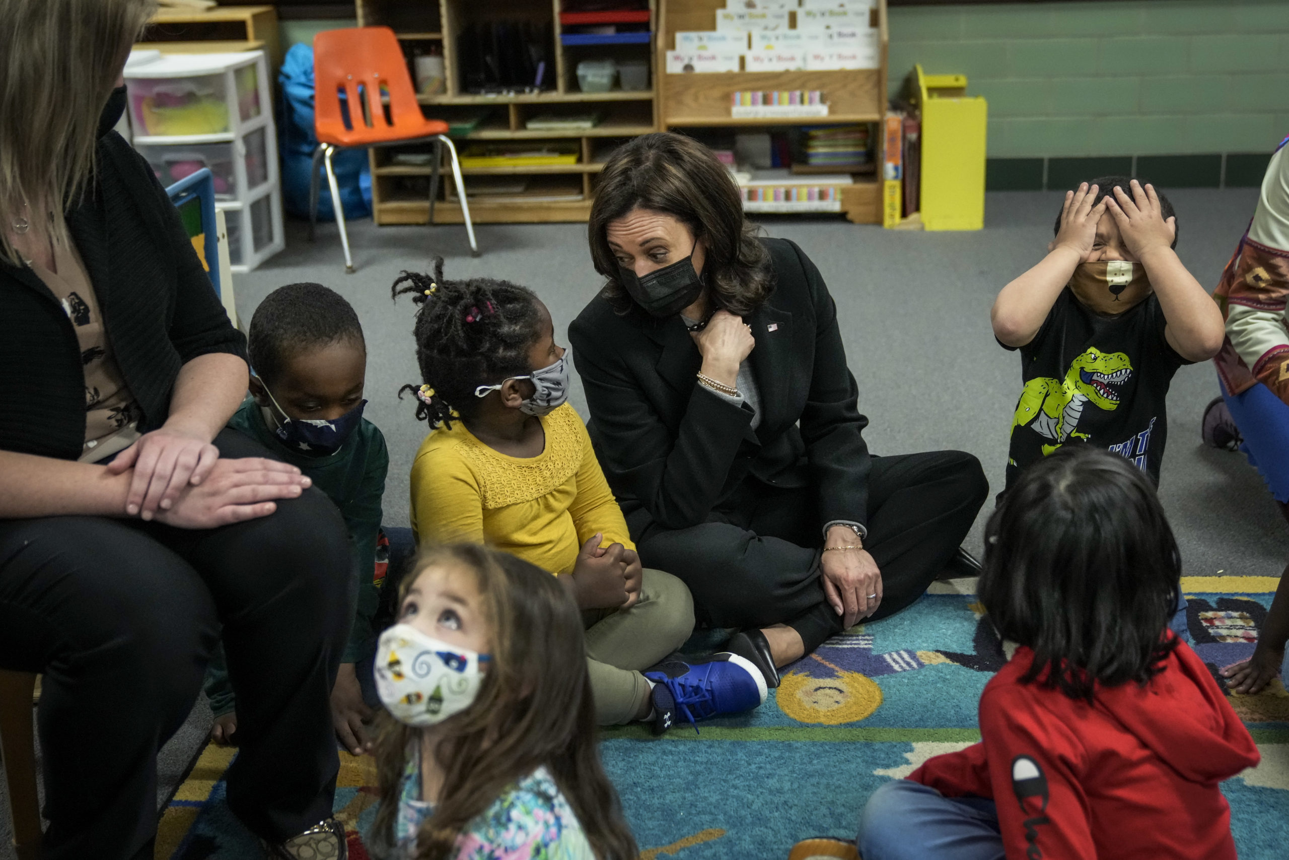 U.S. Vice President Kamala Harris visits with students in a pre-school classroom at West Haven Child Development Center on March 26, 2021 in West Haven, Connecticut. Harris is traveling to New Haven, Connecticut to promote the Biden administration's recently passed $1.9 billion federal stimulus package. (Photo by Drew Angerer/Getty Images)