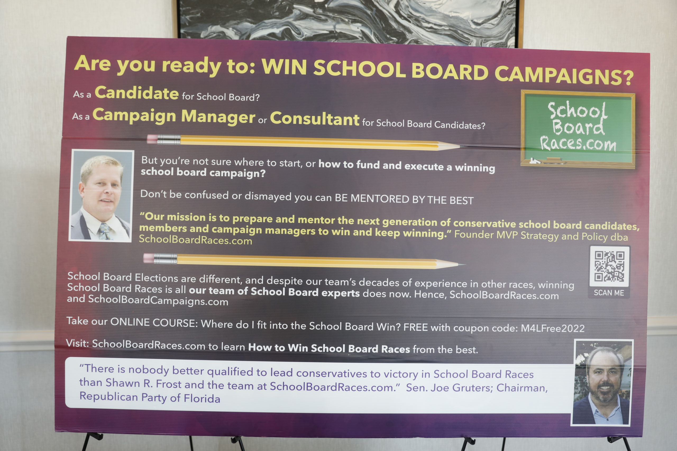 A poster helping those who want to run for a school board position is seen in the hallway during the inaugural Moms For Liberty Summit at the Tampa Marriott Water Street on July 15, 2022 in Tampa, Florida. (Photo by Octavio Jones/Getty Images)