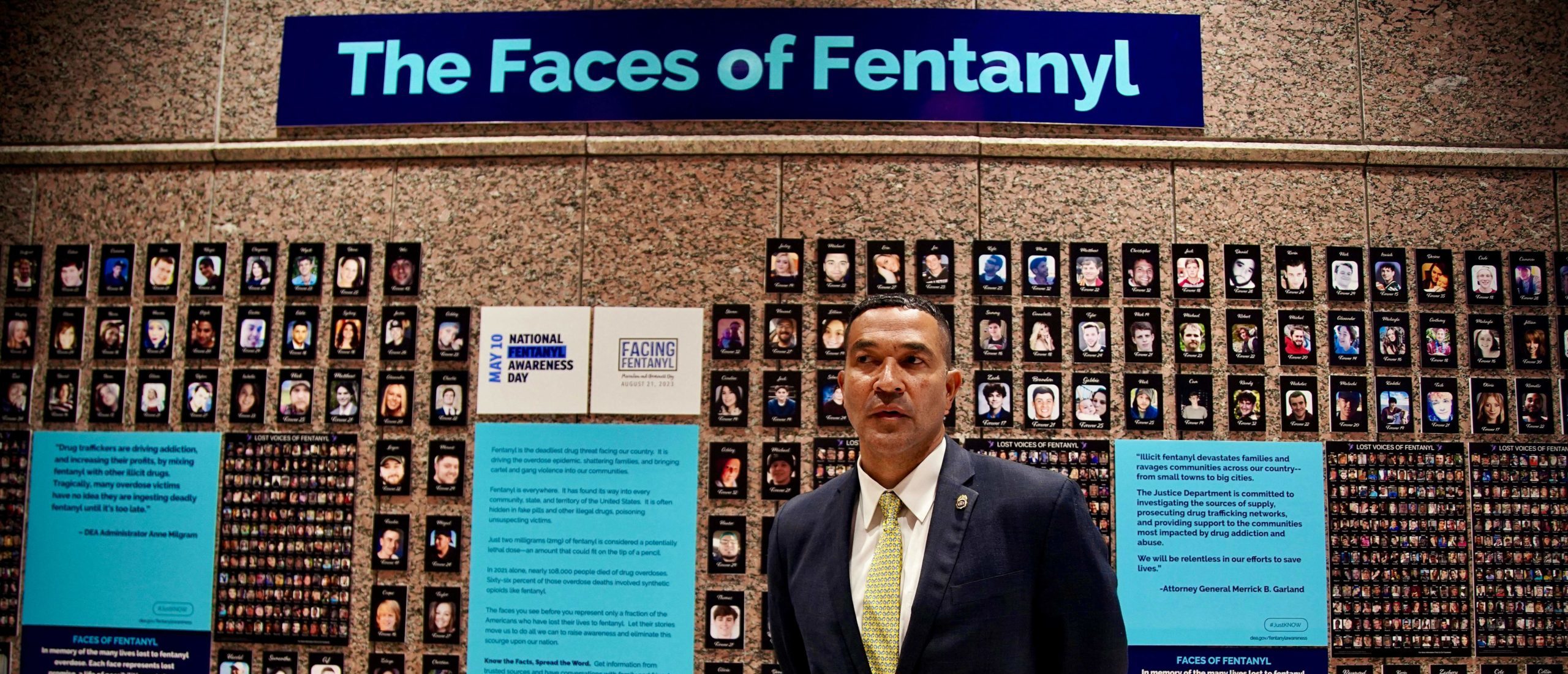 Ray Donovan, Chief of Operations of the Drug Enforcement Administration (DEA), stands in front of "The Faces of Fentanyl" wall, which displays photos of Americans who died of a fentanyl overdose, at the DEA headquarters in Arlington, Virginia, on July 13, 2022. - America's opioid crisis has reached catastrophic proportions, with over 80,000 people dying of opioid overdoses last year, most of them due to illicit synthetics such as fentanyl -- more than seven times the number a decade ago. "This is the most dangerous epidemic that weve seen," said Ray Donovan, chief of operations at the US Drug Enforcement Agency (DEA). "Fentanyl is not like any other illicit narcotic, its that deadly instantaneously." (Photo by Agnes BUN / AFP) (Photo by AGNES BUN/AFP via Getty Images)