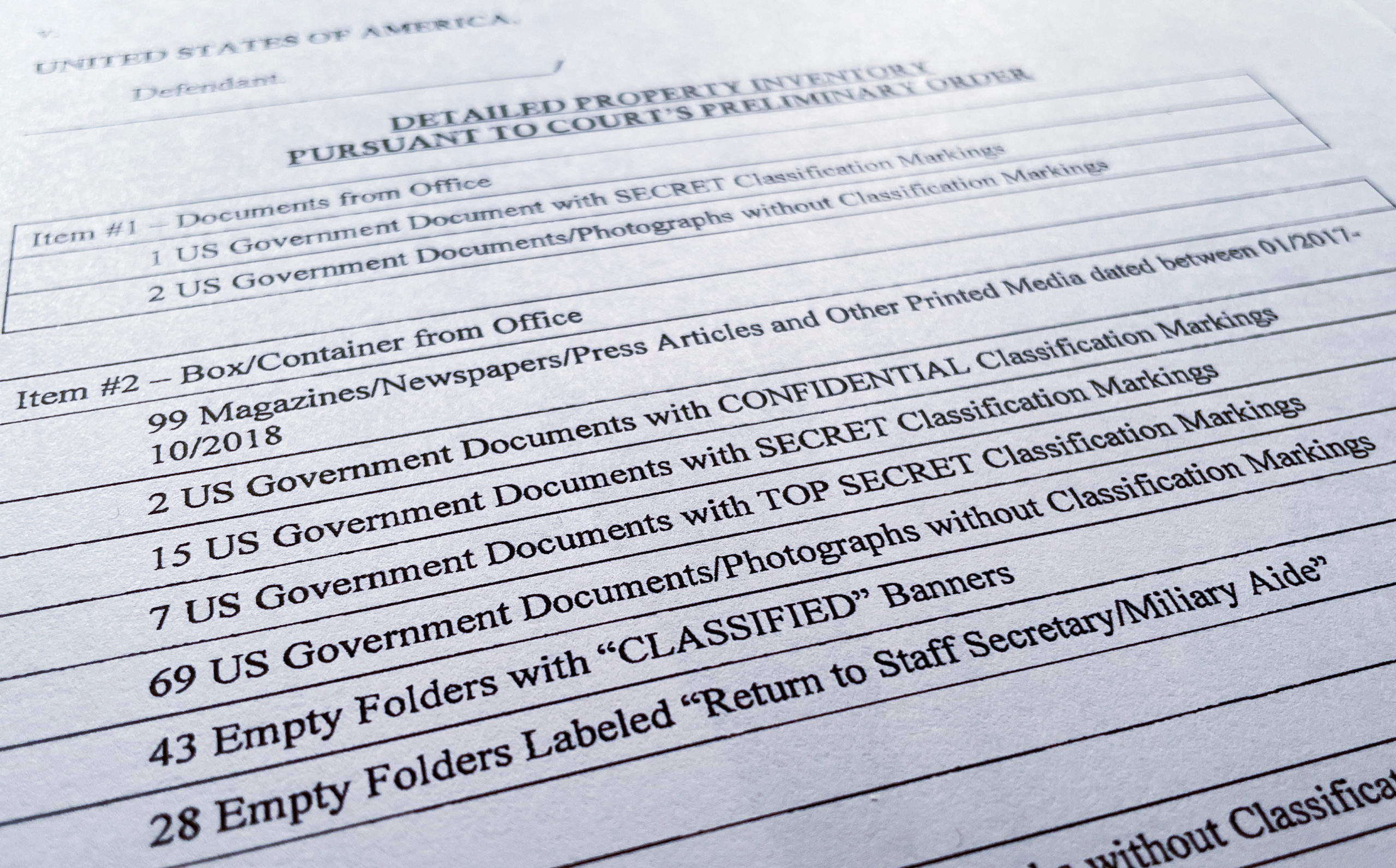 A detailed property inventory of documents and other items seized from former U.S. President Donald Trump's Mar-a-Lago estate shows the seizure of dozens of empty folders marked "Classified" or marked that they were to be returned to the president's staff assistant or military aide after the inventory was released to the public by the U.S. District Court for the Southern District of Florida in West Palm Beach, Florida, U.S. September 2, 2022. REUTERS/Jim Bourg