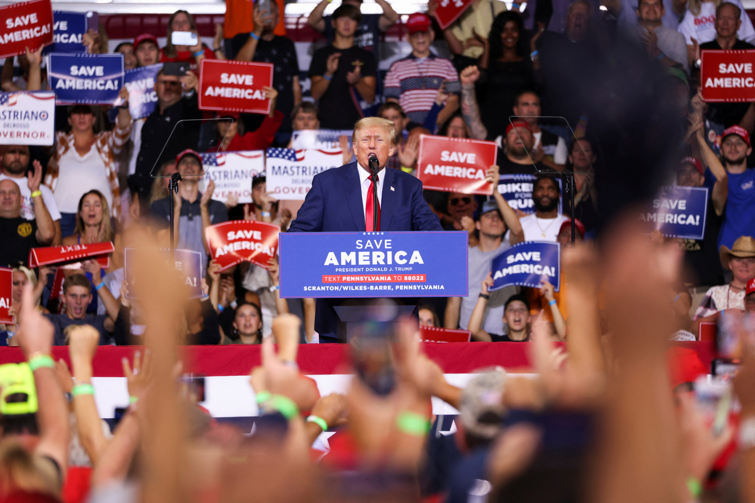 Former U.S. President Donald Trump speaks during a rally in Wilkes-Barre, Pennsylvania, U.S., September 3, 2022. REUTERS/Andrew Kelly
