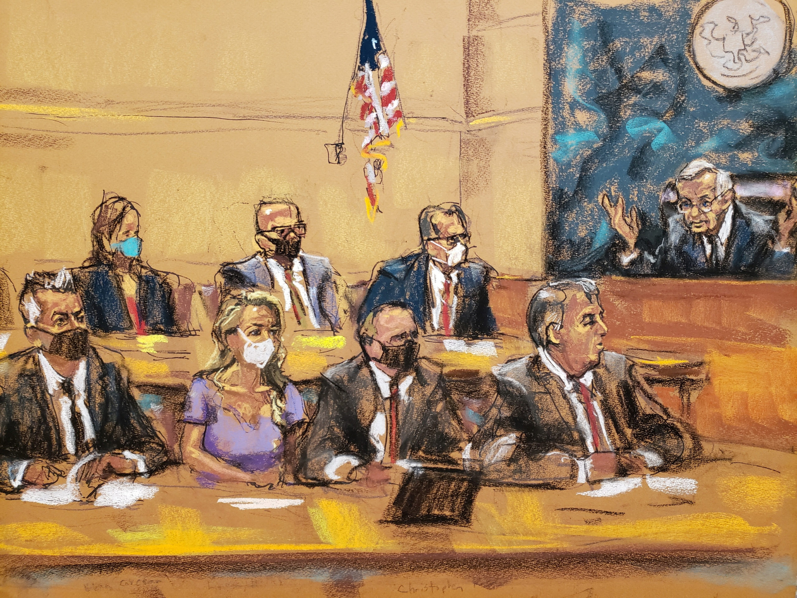Judge Raymond Dearie presides over his first public hearing since his appointment as special master to review documents seized last month by the FBI from Donald Trump's Florida home, as Trump's attorneys (front row) James Trusty, Christopher Kise, Lindsey Halligan and Evan Corcoran listen in front of lawyers for the justice department Jay Bratt, Juan Antonio Gonzalez and Julie Edelstein at a courtroom in New York, U.S., September 20, 2022. REUTERS/Jane Rosenberg