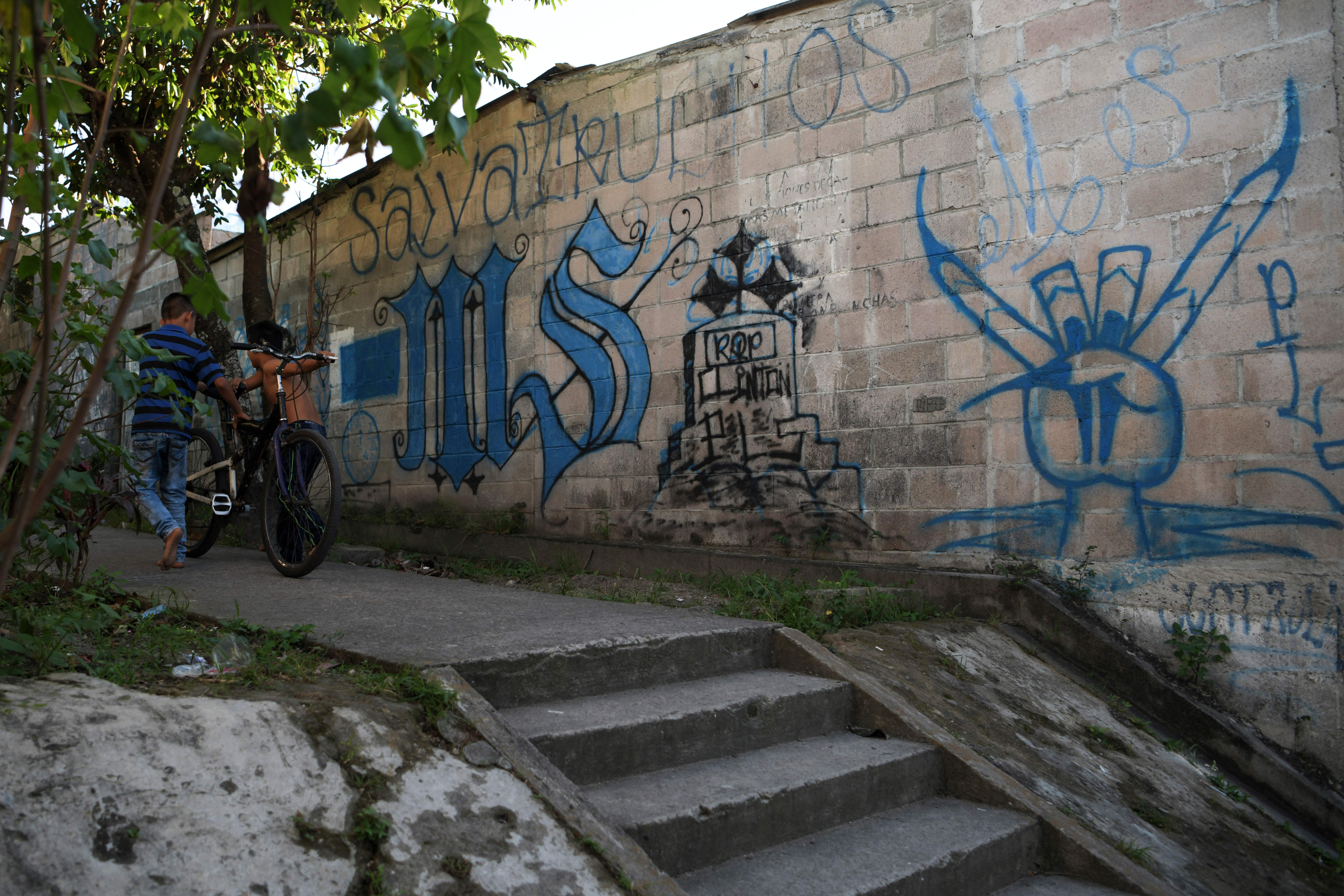 View of a graffiti representative of the MS-13 gang, in the municipality of San Martin, El Salvador, on November 15, 2018. - The mayor of San Jose Guayabal Mauricio Arturo Vilanova is carrying out a joint patrolling operation with soldiers, civilians and the police to prevent gangs from entering his area. MARVIN RECINOS/AFP via Getty Images