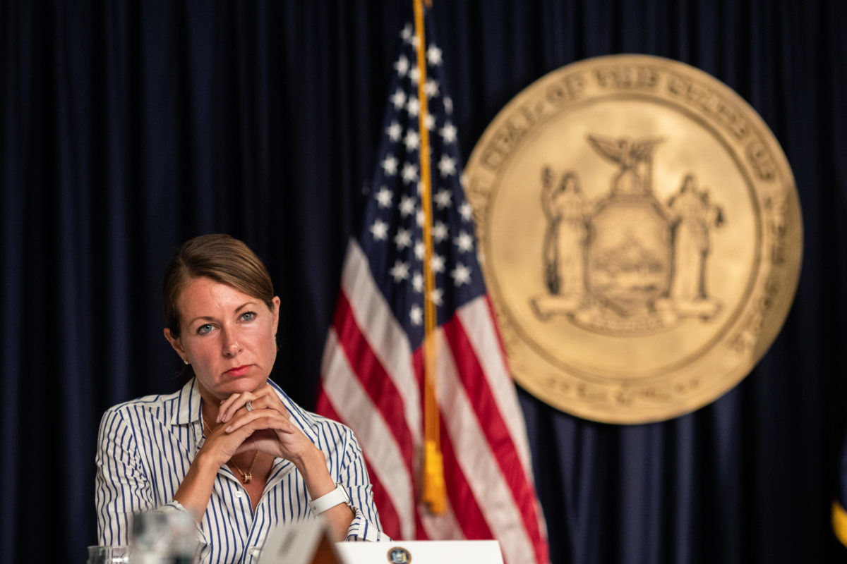 NEW YORK, NY - JULY 23: Secretary to Governor Melissa DeRosa attends during the daily media briefing at the Office of the Governor of the State of New York on July 23, 2020 in New York City. The Governor said the state liquor authority has suspended 27 bar and restaurant alcohol licenses for violations of social distancing rules as public officials try to keep the coronavirus outbreak under control. (Photo by Jeenah Moon/Getty Images)
