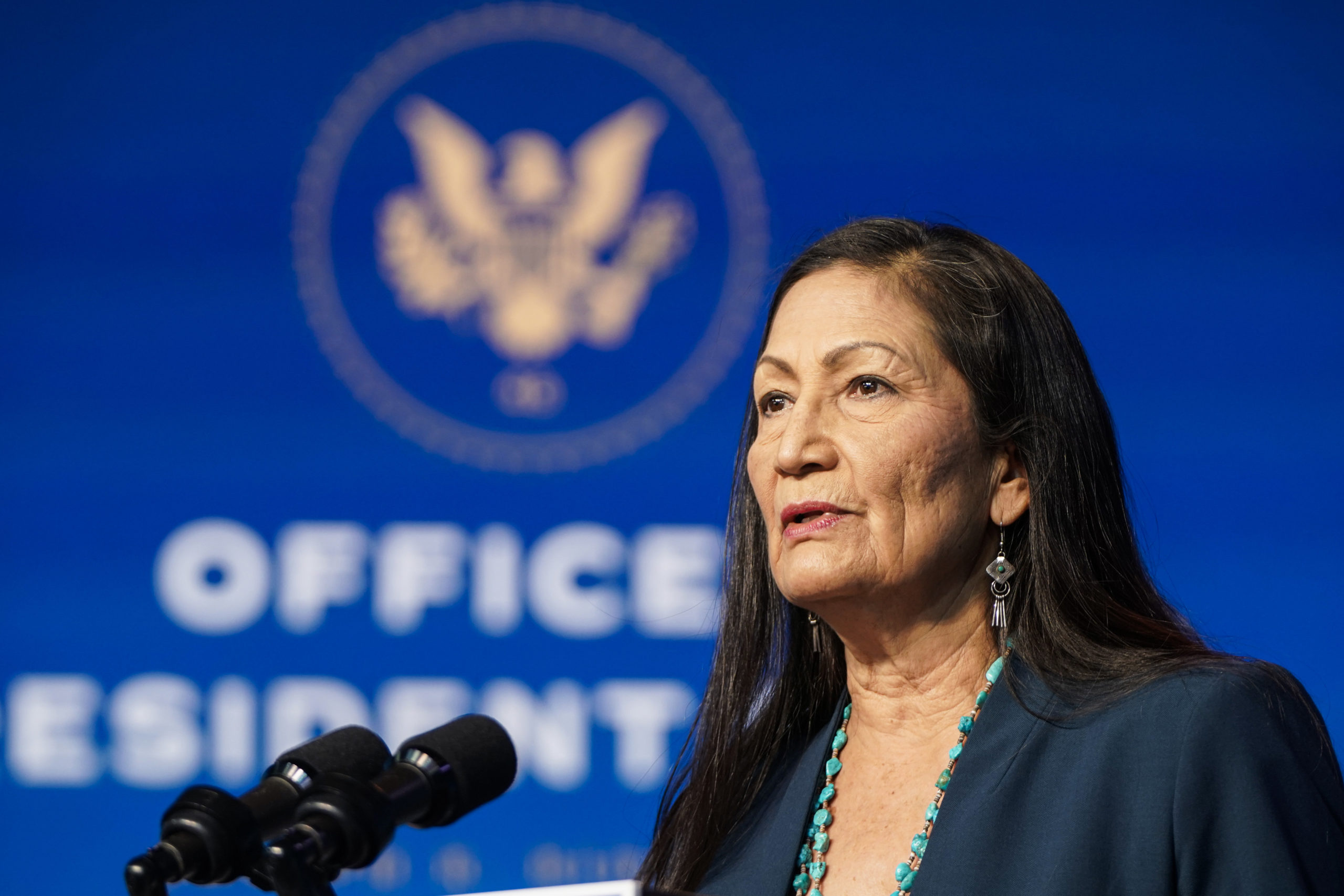 WILMINGTON, DE - DECEMBER 19: Nominee for Secretary of Interior, Congresswoman Deb Haaland, speaks after President-elect Joe Biden announced his climate and energy appointments at the Queen theater on December 19, 2020 in Wilmington, Delaware. Haaland is the first Native American nominated to serve on the presidential cabinet. (Photo by Joshua Roberts/Getty Images)