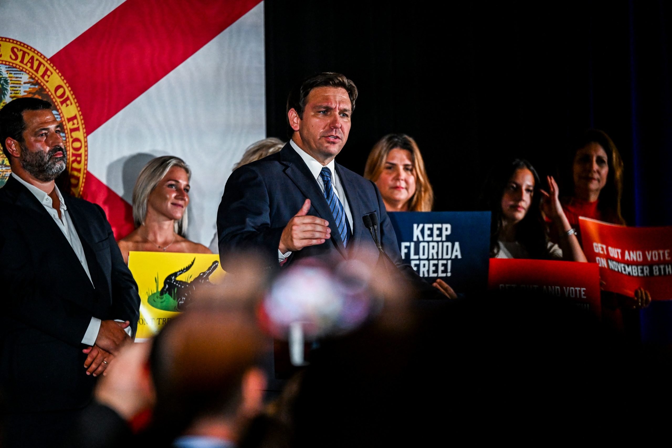Florida Governor Ron DeSantis (C) speaks during a primary election night event in Hialeah, Florida, on August 23, 2022. - DeSantis will face US Representative Charlie Crist (D-FL) in the general election for governor of Florida on November 8, 2022. (Photo by CHANDAN KHANNA / AFP) (Photo by CHANDAN KHANNA/AFP via Getty Images)