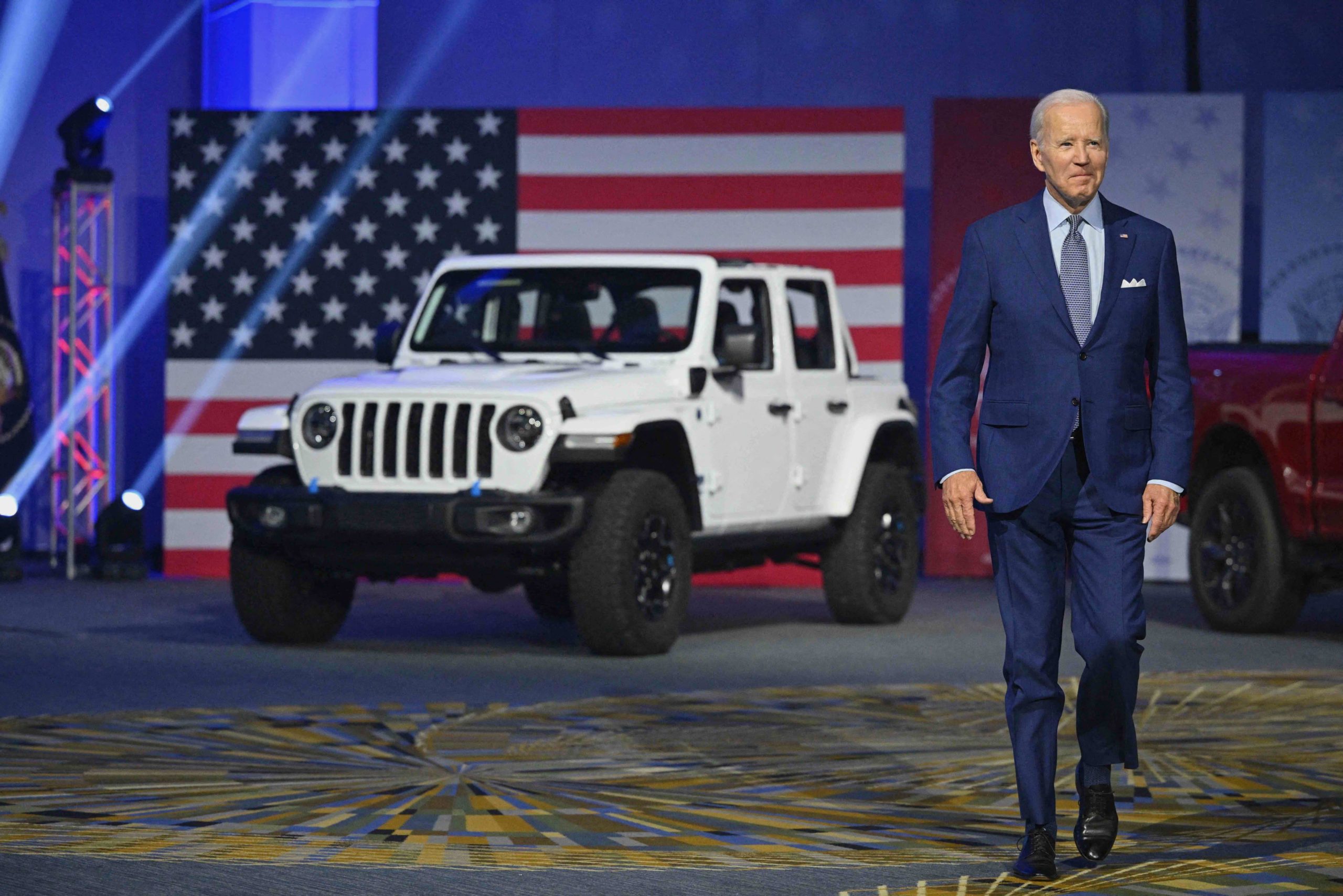 US President Joe Biden arrives to speak at the 2022 North American International Auto Show in Detroit, Michigan, on September 14, 2022. - Biden visited the auto show to highlight electric vehicle manufacturing. (Photo by MANDEL NGAN/AFP via Getty Images)