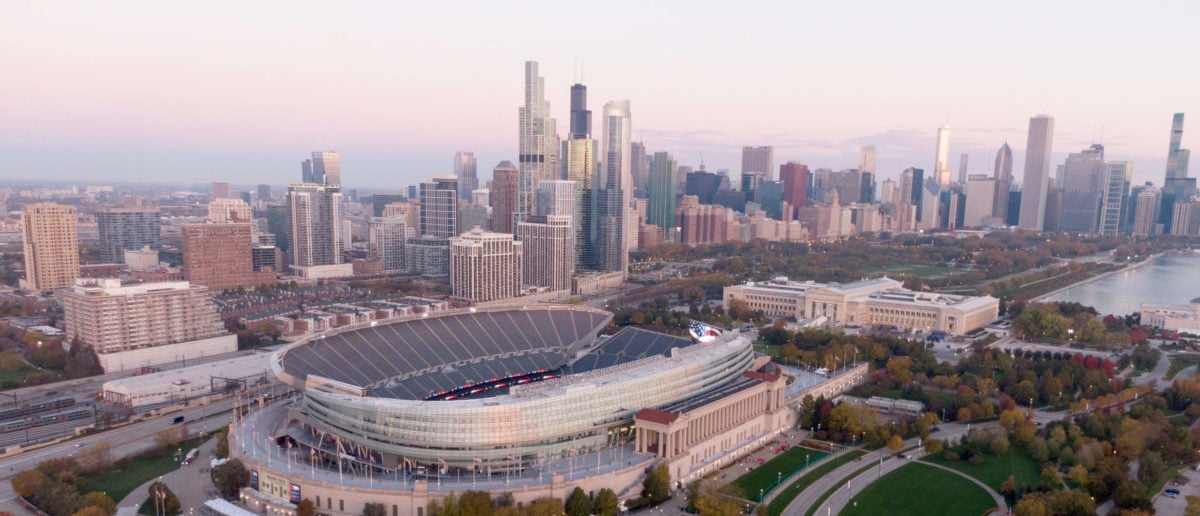CHICAGO, ILLINOIS - OCTOBER 31: In this drone image, a general view of Soldier Field with the Chicago skyline before a game between the Chicago Bears and the San Francisco 49ers at Soldier Field on October 31, 2021 in Chicago, Illinois. Quinn Harris/Getty Images