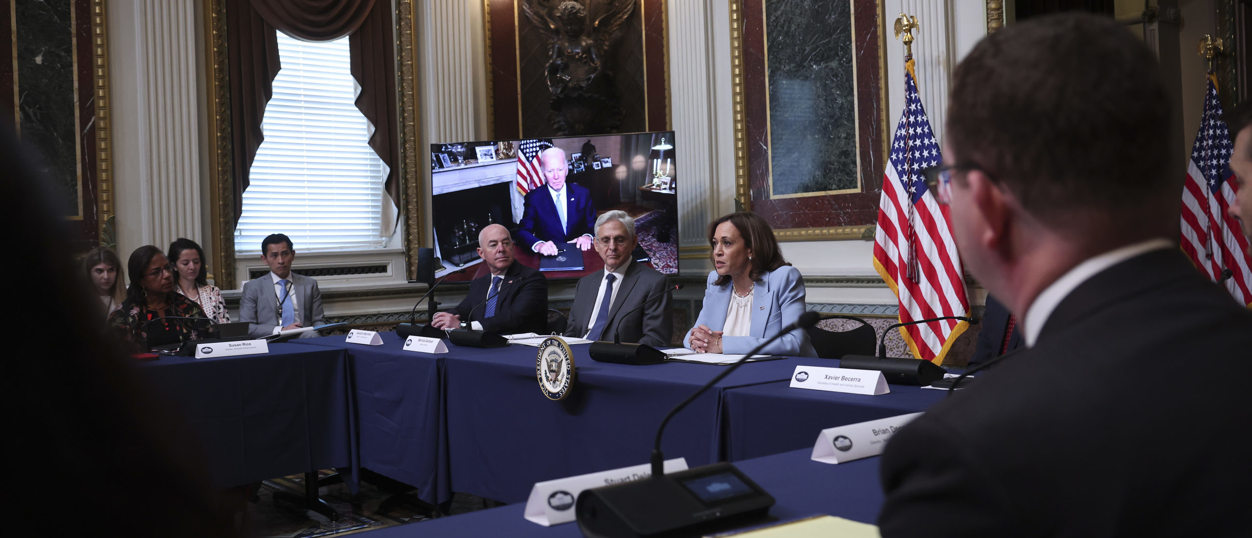 WASHINGTON, DC - AUGUST 03: U.S. President Joe Biden, appearing via teleconference, delivers remarks at a meeting of the Task Force on Reproductive Healthcare Access during an event at the White House complex August 3, 2022 in Washington, DC. (Photo by Win McNamee/Getty Images)