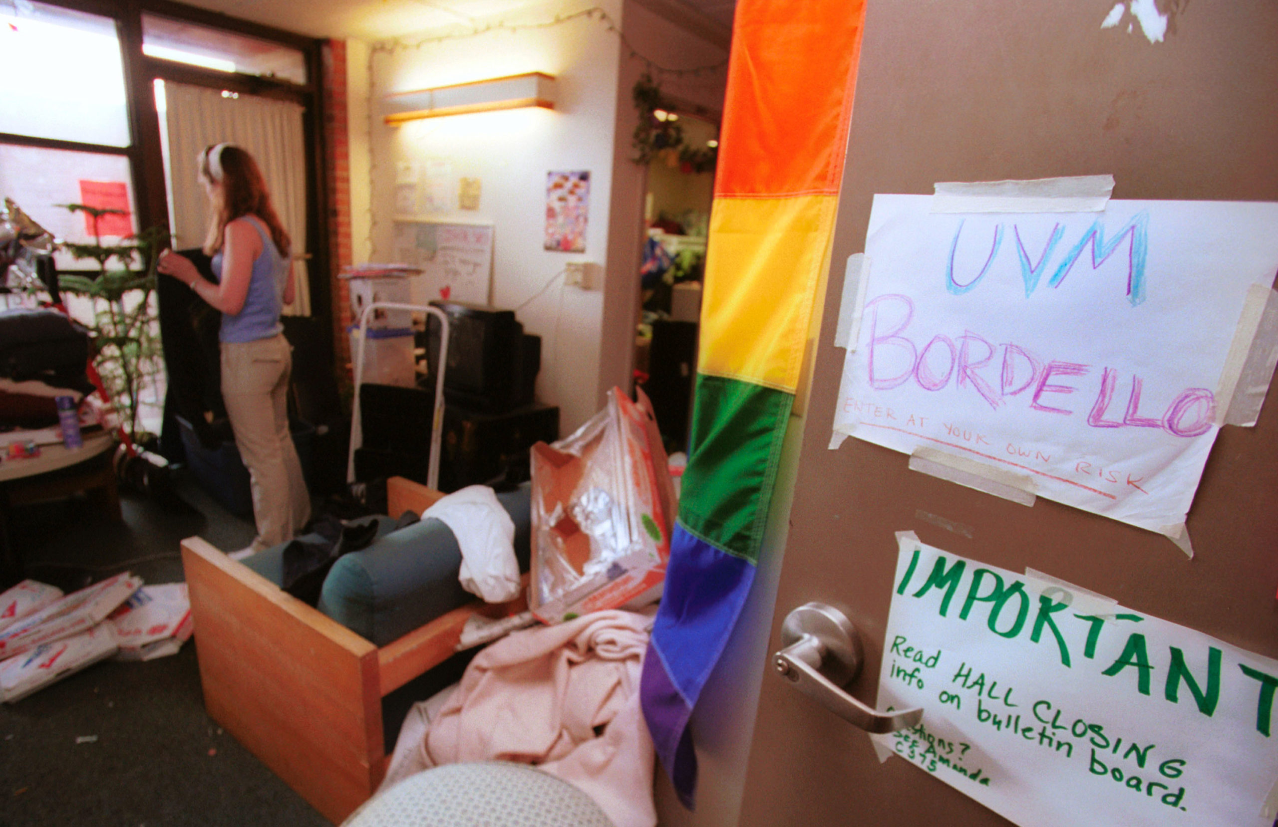 An unidentified student packs up her belongings for the end of the semester in a suite called "A room of our own" at the University of Vermont (UVM) May 7, 2002 in Burlington, VT. The suite-style dorm was the first gay friendly housing offered at UVM. New housing, including 10 double rooms on an entire dormitory floor, will be reserved for Lesbian, Gay, Bi-sexual, Transgender, Questioning, Allied (LGBTQA) students. The general purpose of the two housing options is to provide students with living quarters where they can feel free from judgment or harassment. Other schools offering similar housing options include the University of Massachusetts, Wesleyan University and the University of Maine. (Photo by Jordan Silverman/Getty Images)