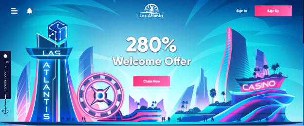 Screenshot of Las Atlantis, featuring their welcome bonus offer | Best Online Casino