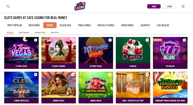 Screenshot of Cafe Casino’s choices of slots games | Best Online Casino