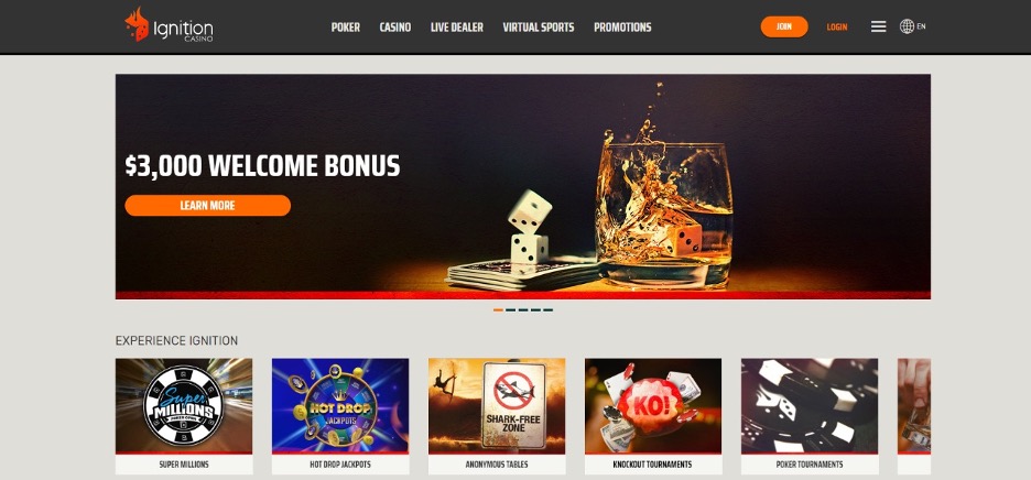 Screenshot of Ignition Casino card game choices featuring dice in a drink | Best Online Casino