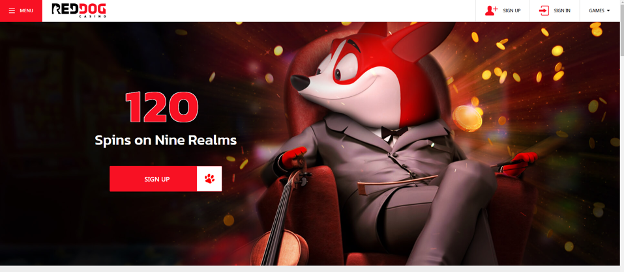 Screenshot of Red Dog Casino’s signup page, featuring the Red Dog mascot | Best Online Casino