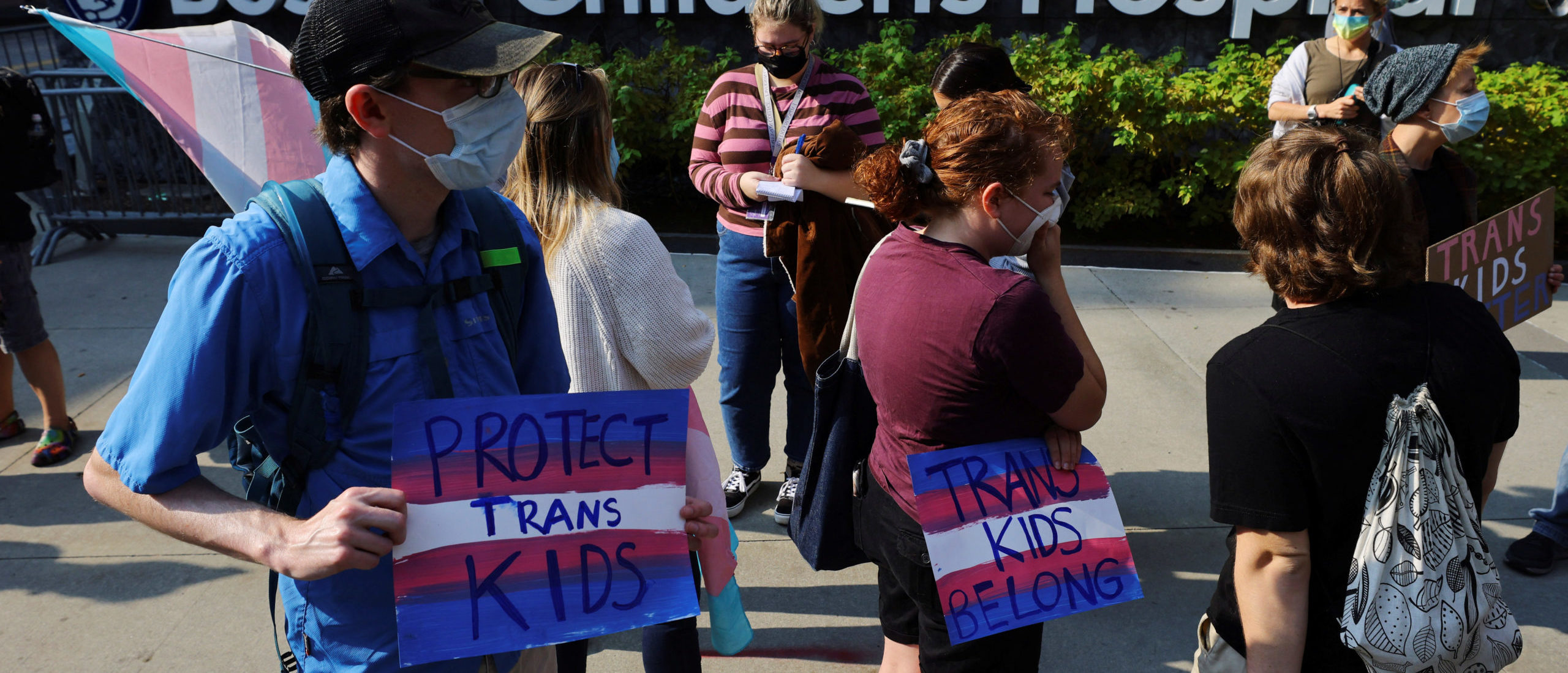 Counter-protestors gather to demonstrate against an appearance by "Billboard Chris", who opposes medical treatments for transgender youth, outside Children's Hospital in Boston, Massachusetts, U.S., September 18, 2022.
