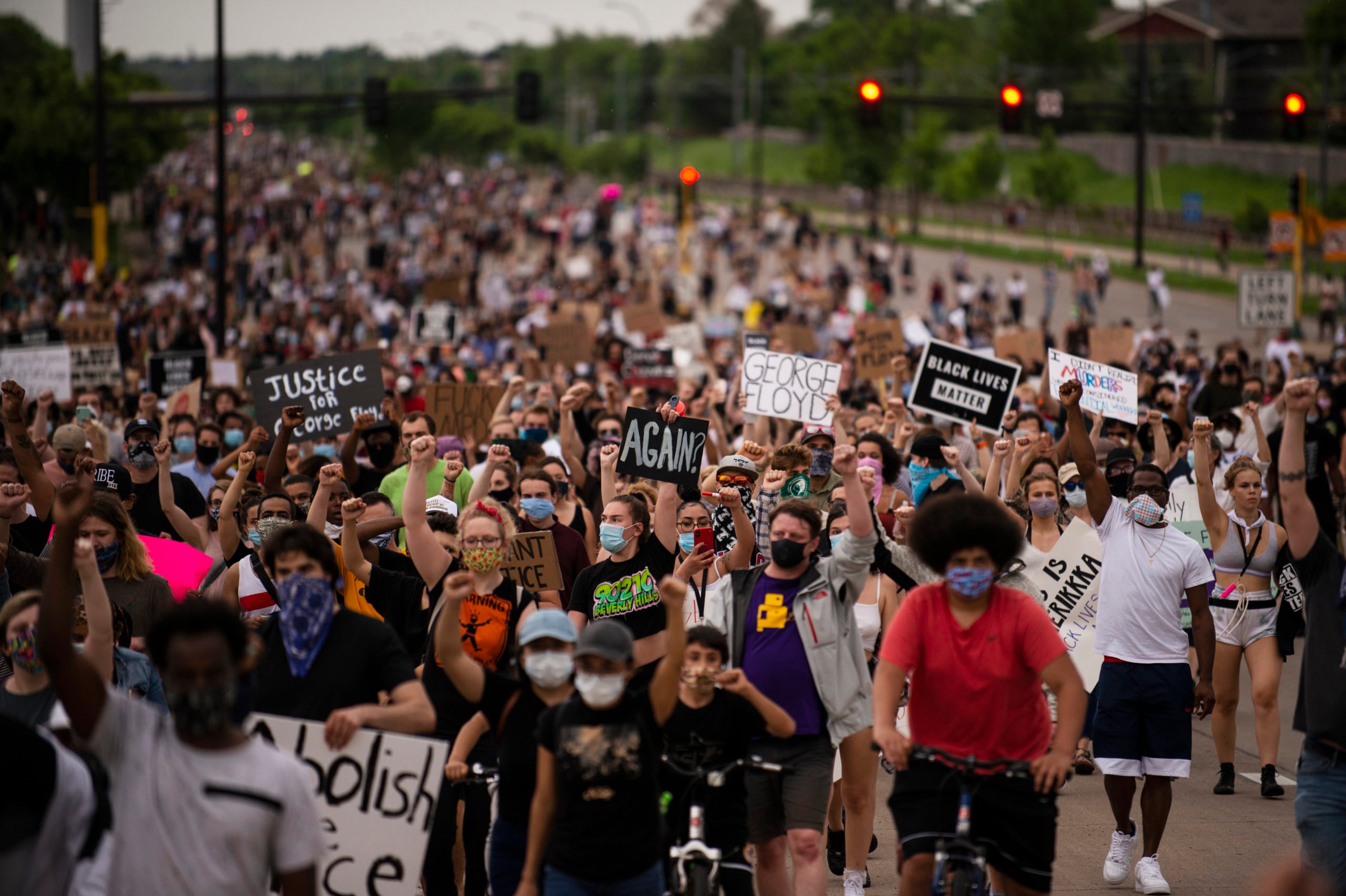 MINNEAPOLIS, MN - MAY 26: Protesters march on Hiawatha Avenue while decrying the killing of George Floyd on May 26, 2020 in Minneapolis, Minnesota. Four Minneapolis police officers have been fired after a video taken by a bystander was posted on social media showing Floyd's neck being pinned to the ground by an officer as he repeatedly said, "I can’t breathe". Floyd was later pronounced dead while in police custody after being transported to Hennepin County Medical Center. (Photo by Stephen Maturen/Getty Images)