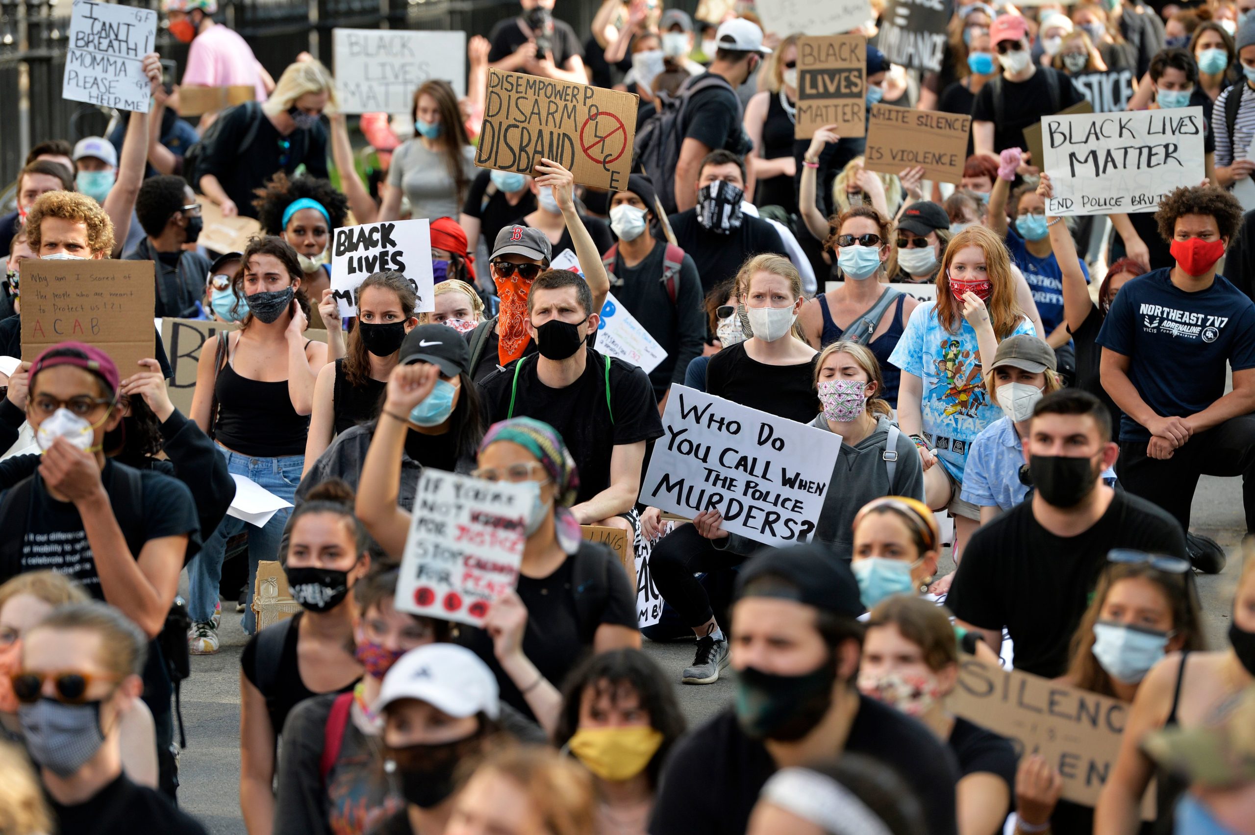 People march during a "Black Lives Matter" rally, in response to the death of George Floyd and other victims of Police Racism across the US, in Boston, Massachusetts on June 3, 2020. - Anti-racism protests have put several US cities under curfew to suppress rioting, following the death of George Floyd while in police custody. (Photo by Joseph Prezioso / AFP) (Photo by JOSEPH PREZIOSO/AFP via Getty Images)