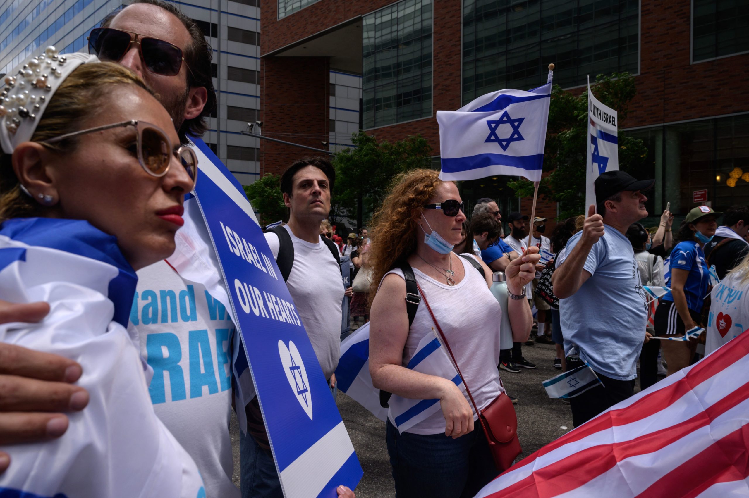 Pro-Israel demonstrators attend a rally denouncing antisemitism and antisemitic attacks, in lower Manhattan, New York on May 23, 2021. (Photo by Ed JONES / AFP) (Photo by ED JONES/AFP via Getty Images)
