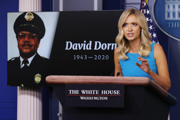 WASHINGTON, DC - JUNE 03: White House Press Secretary Kayleigh McEnany notes the deaths of several police officers during a news conference, including retired St. Louis Police Captain David Dorn, in the Brady Press Briefing Room at the White House June 03, 2020 in Washington, DC. Earlier in the day, Defense Secretary Mark Esper broke with President Donald Trump and said that he does not support using active duty military troops on the streets of American cities to quell protests over the death of George Floyd, who was killed while in the custody of Minneapolis police on Memorial Day. (Photo by Chip Somodevilla/Getty Images)