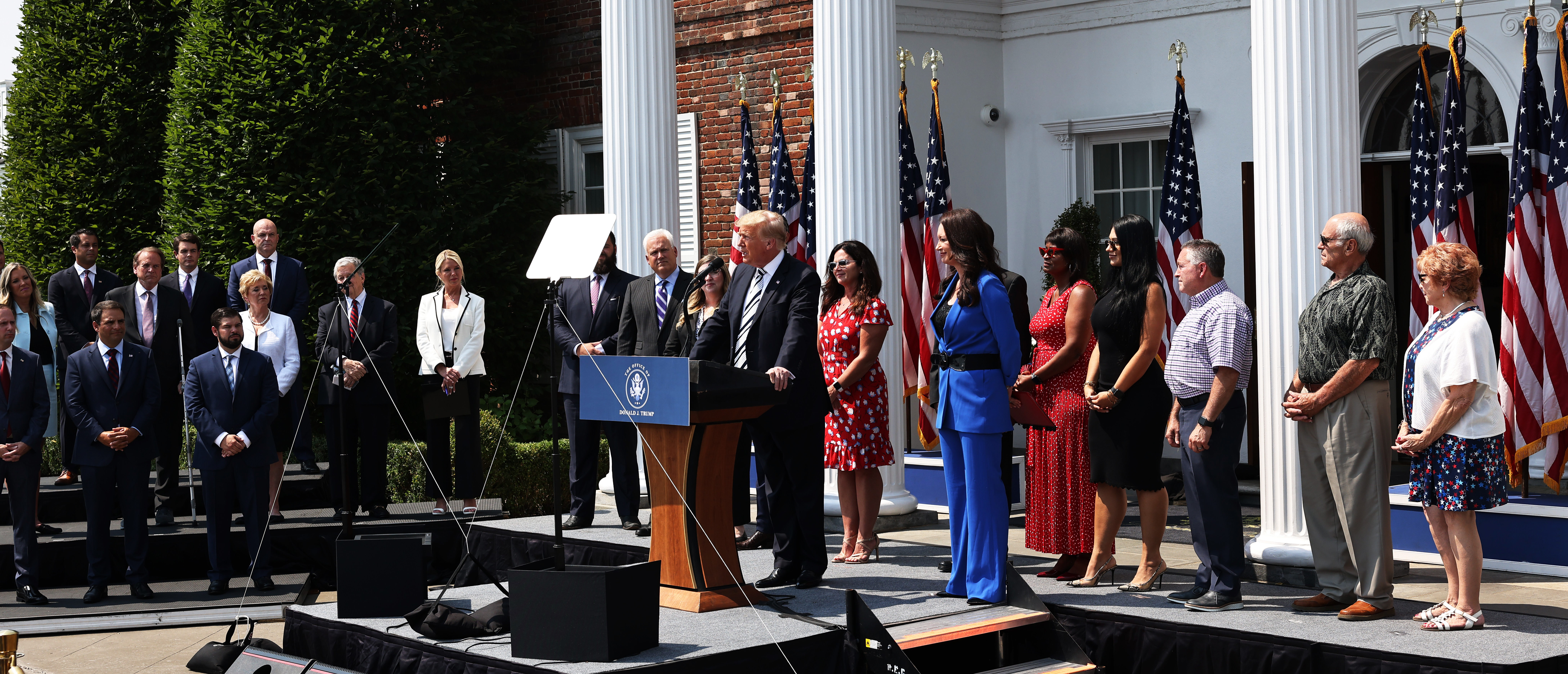 BEDMINSTER, NEW JERSEY - JULY 07: Former President Donald Trump speaks during a press conference announcing a class action lawsuit against big tech companies at the Trump National Golf Club Bedminster on July 07, 2021 in Bedminster, New Jersey. (Photo by Michael M. Santiago/Getty Images)