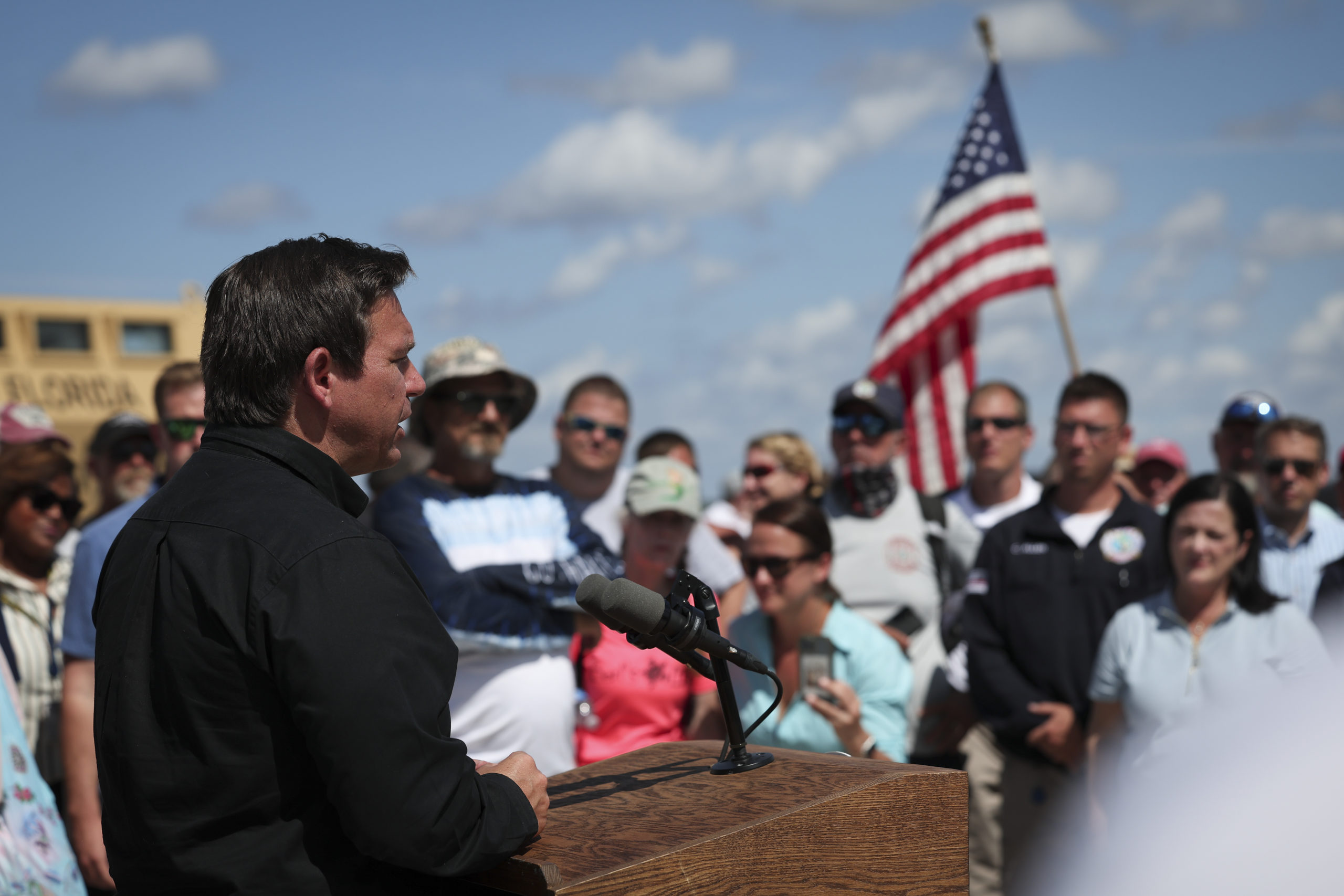 MATLACHA, FLORIDA - OCTOBER 05: Florida Gov. Ron DeSantis speaks during a press conference on the island of Matlacha on October 05, 2022 in Matlacha Florida. DeSantis delivered remarks about the completion of a temporary bridge to reconnect the island, and Pine Island as well, to the mainland. (Photo by Win McNamee/Getty Images)